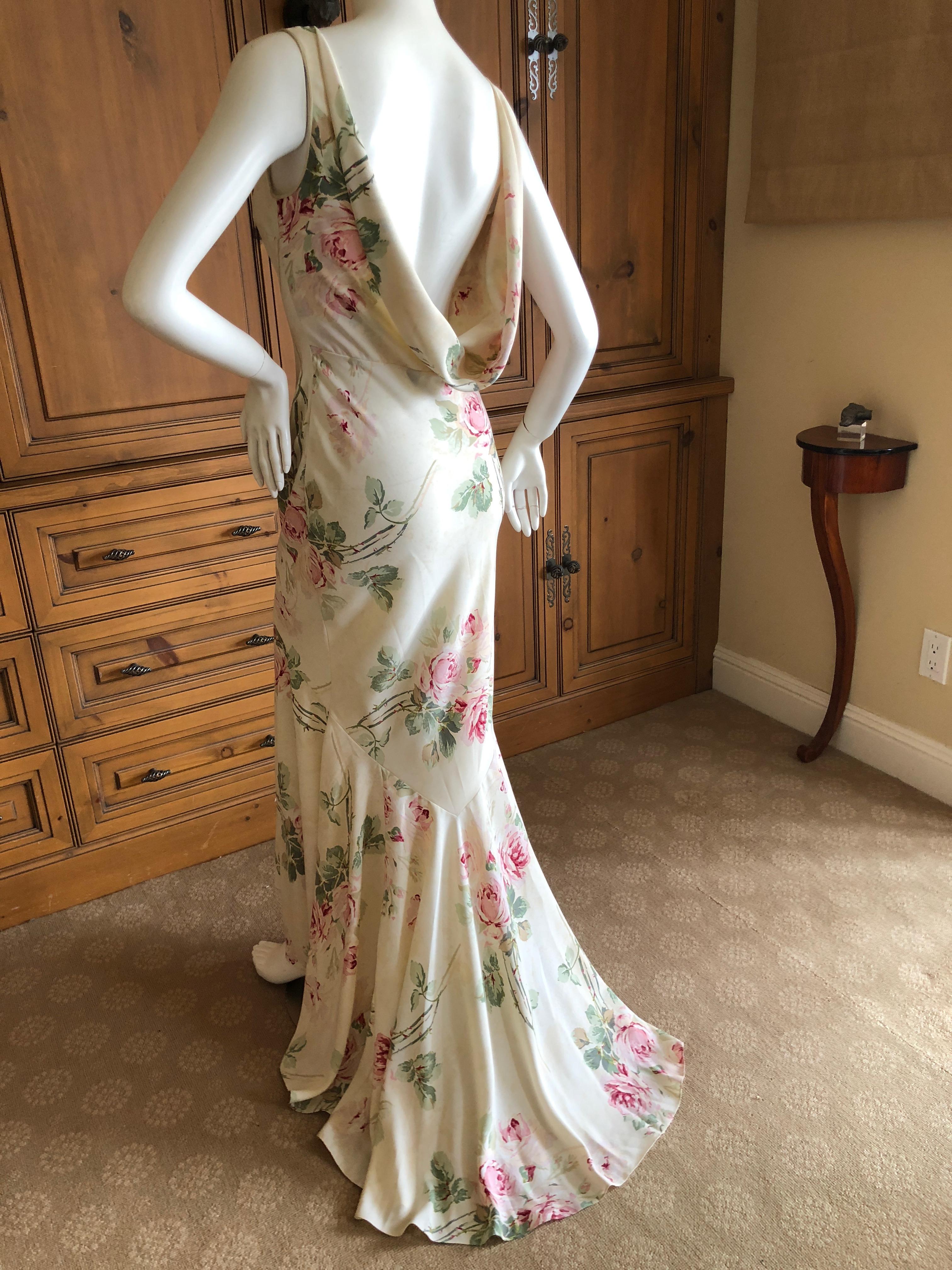 John Galliano Bias Cut Floral Dress with Draped Back and Train, 1990s  For Sale 10