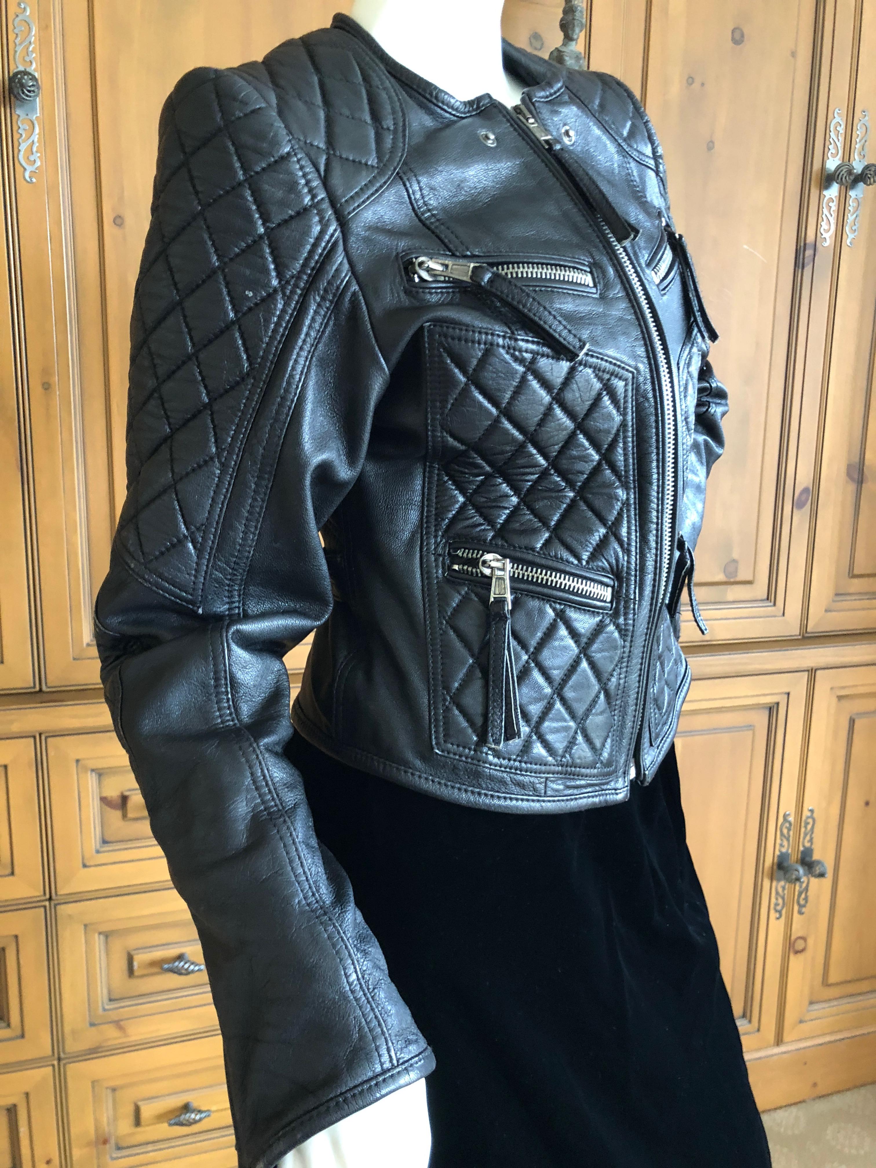 Just Cavalli by Roberto Cavalli Vintage Black Leather Quilted Motocross Zip Front Moto Jacket  .
So wonderful
 Size 40
 Bust 34
