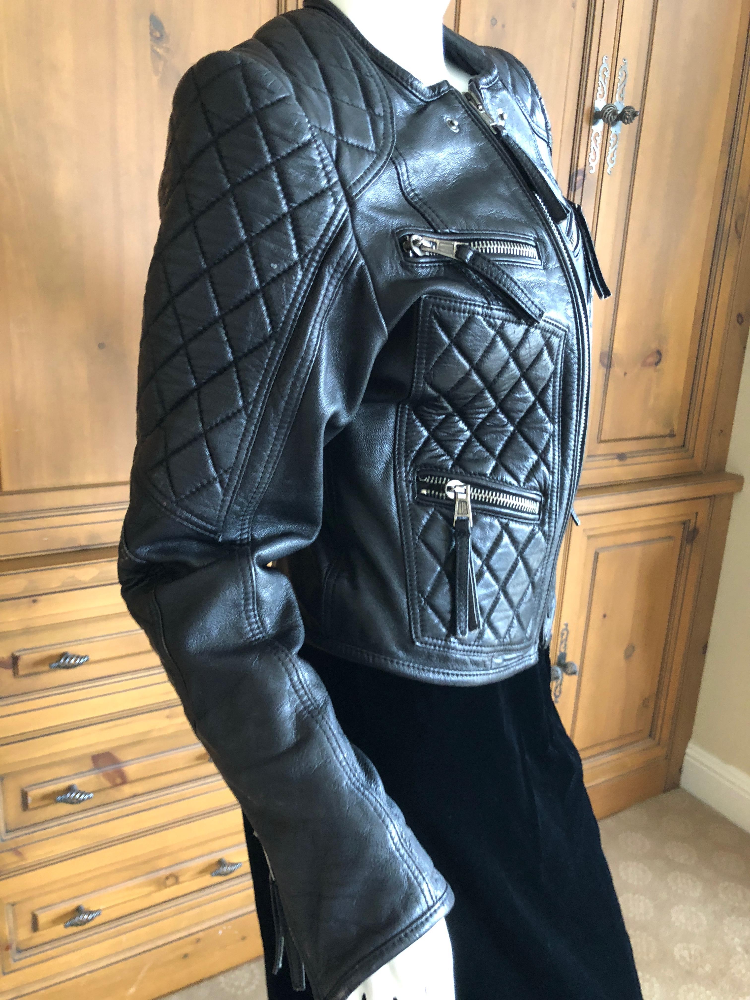 Roberto Cavalli Vintage Black Leather Quilted Motocross Zip Front Moto Jacket In Excellent Condition For Sale In Cloverdale, CA