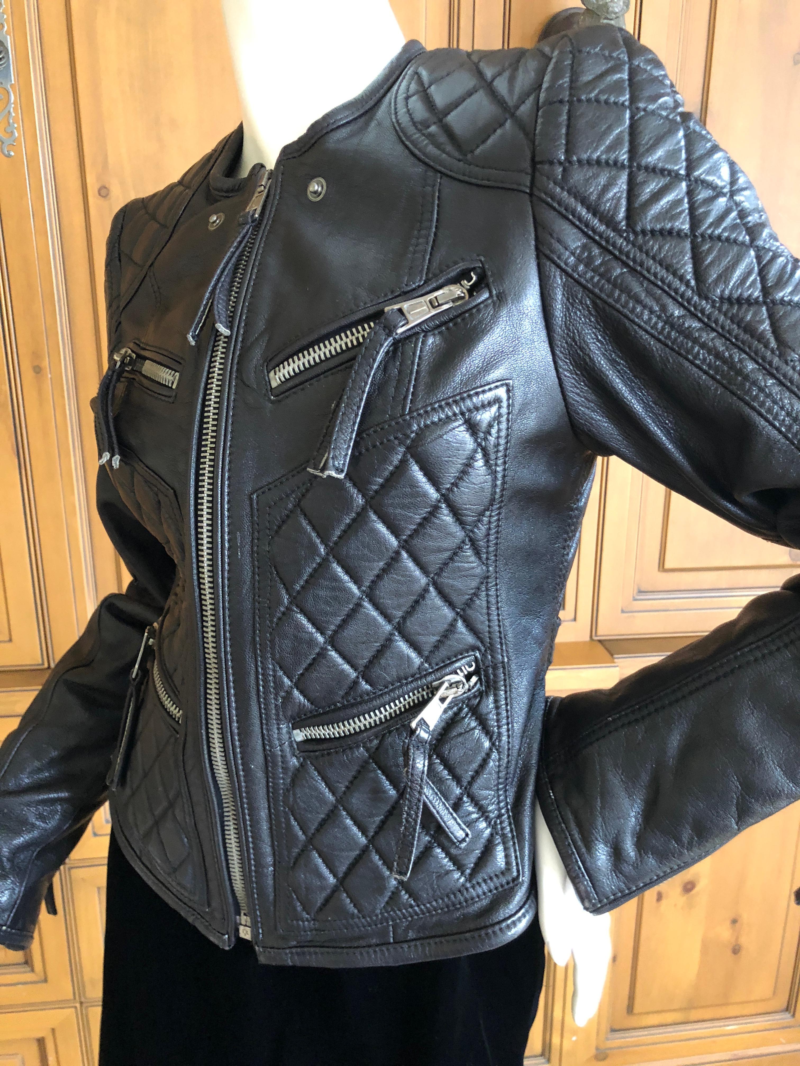 Women's Roberto Cavalli Vintage Black Leather Quilted Motocross Zip Front Moto Jacket For Sale