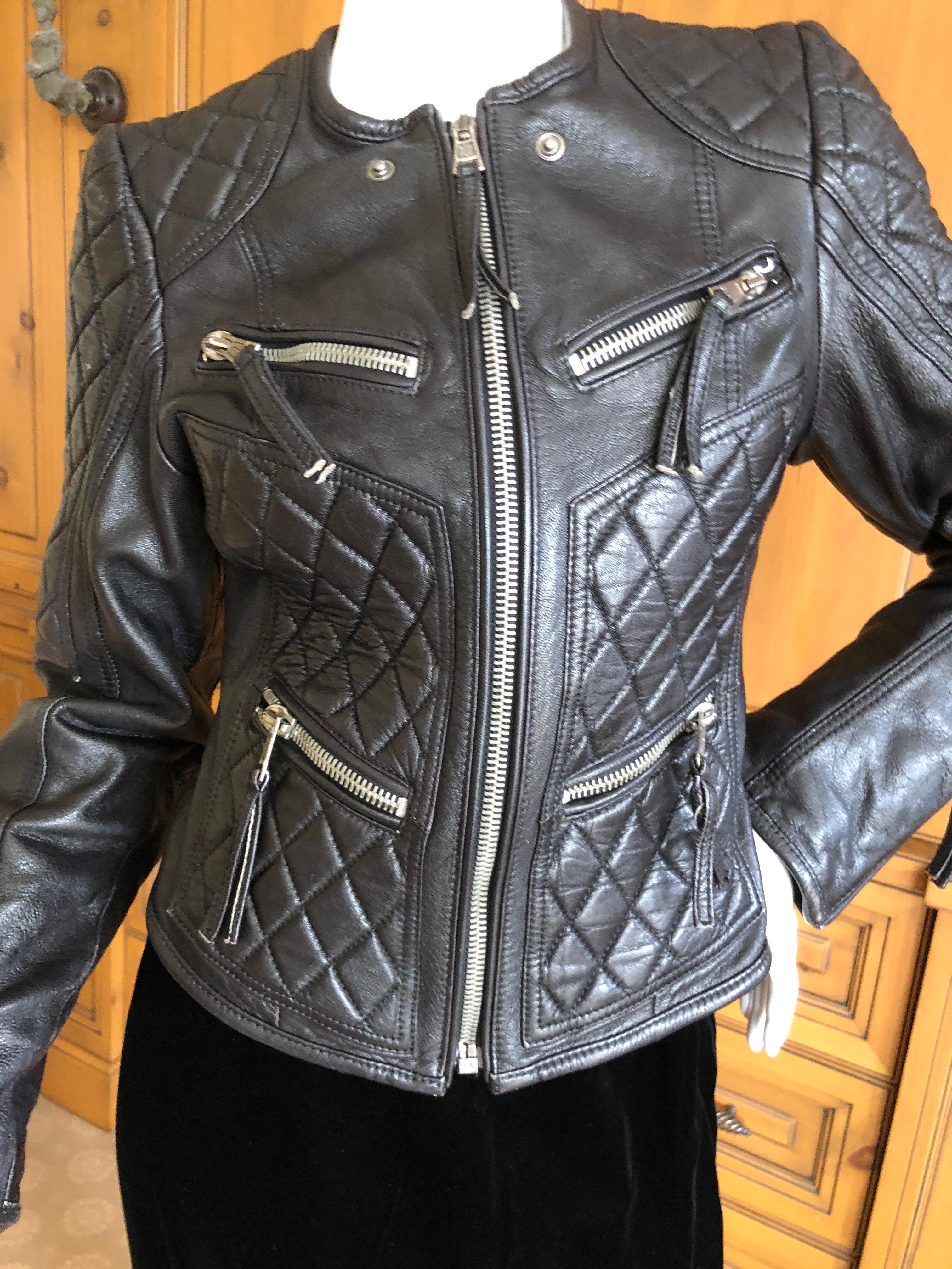 Roberto Cavalli Vintage Black Leather Quilted Motocross Zip Front Moto Jacket For Sale 1