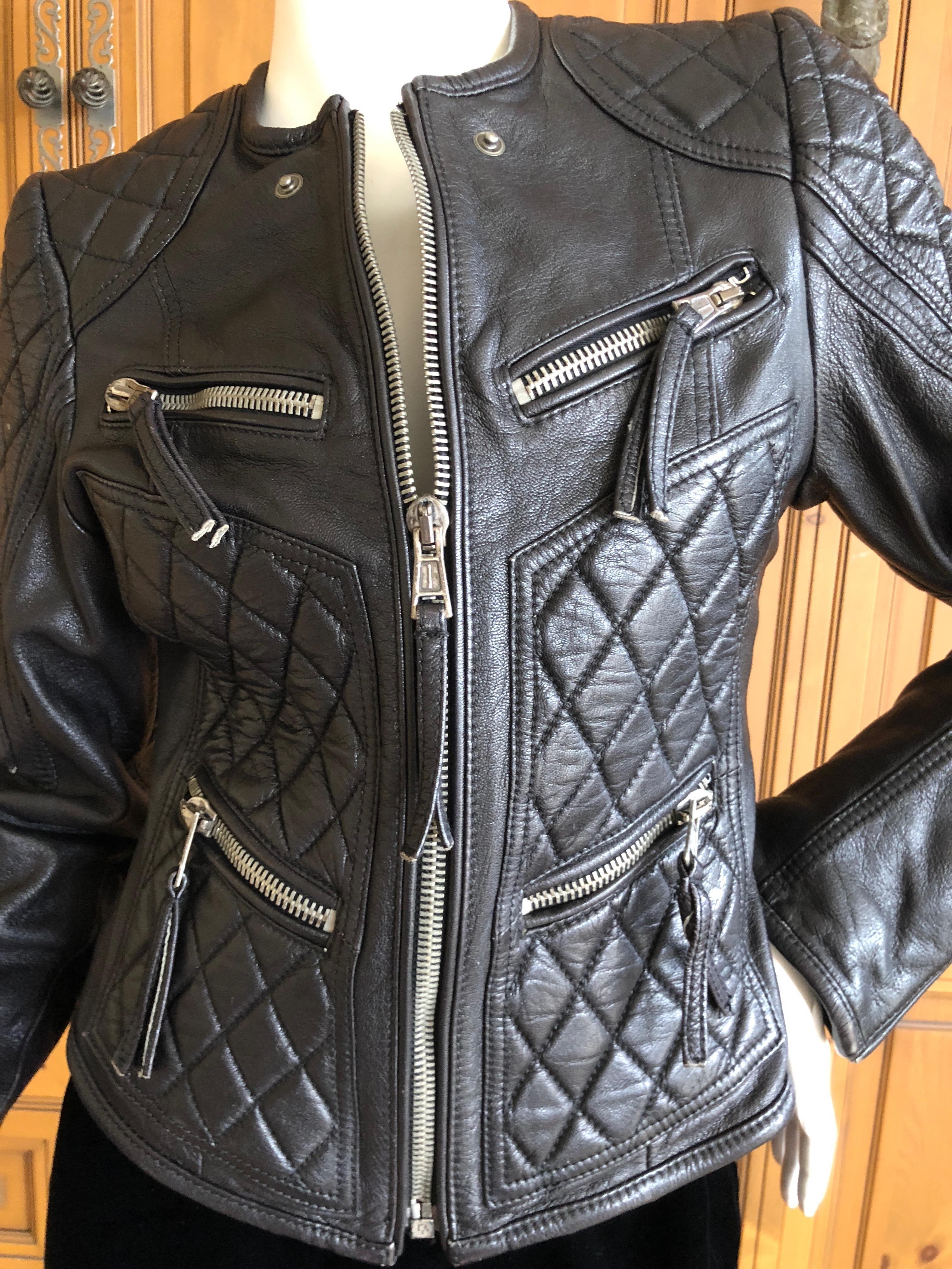 Roberto Cavalli Vintage Black Leather Quilted Motocross Zip Front Moto Jacket For Sale 2