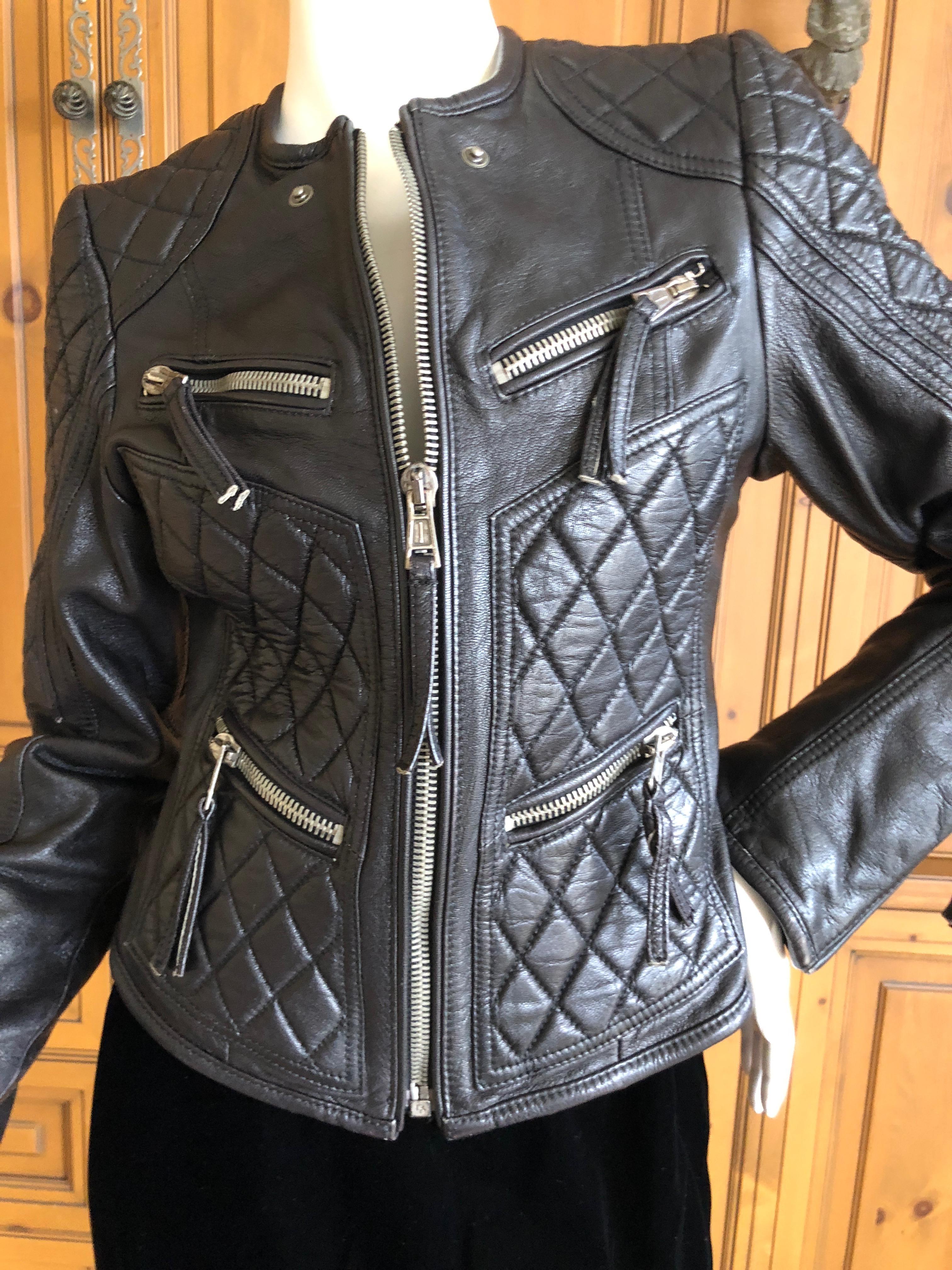 Roberto Cavalli Vintage Black Leather Quilted Motocross Zip Front Moto Jacket For Sale 3