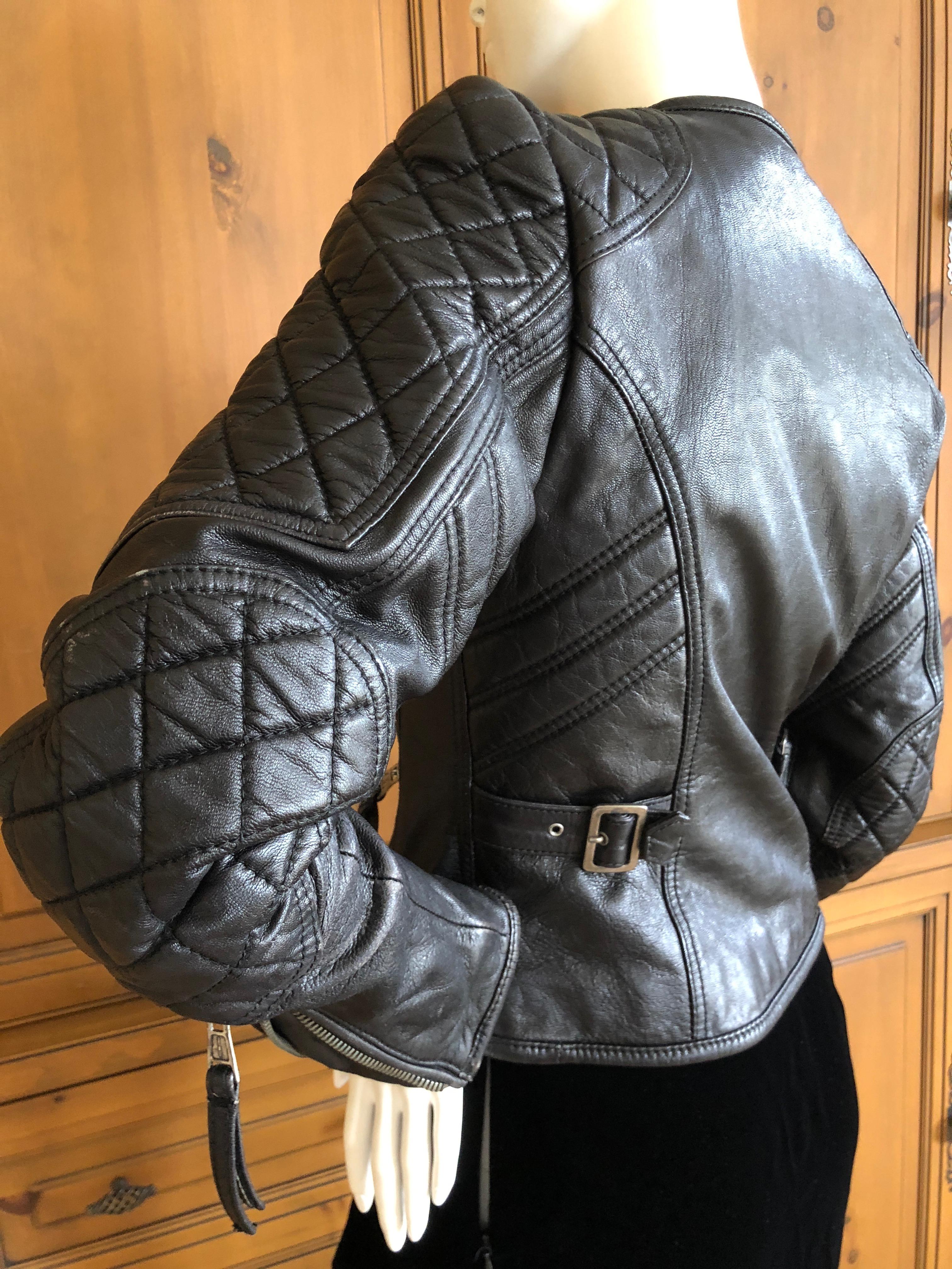 Roberto Cavalli Vintage Black Leather Quilted Motocross Zip Front Moto Jacket For Sale 5