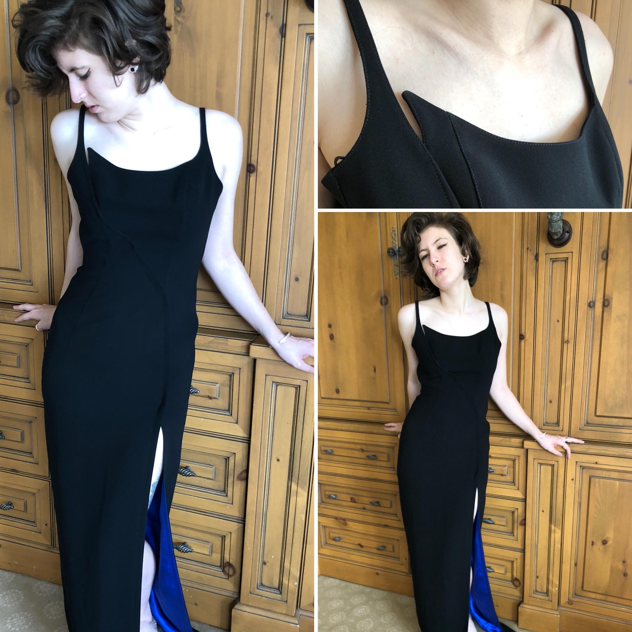 Thierry Mugler Black Vintage Evening Dress with Electric Blue Silk Lining For Sale 1
