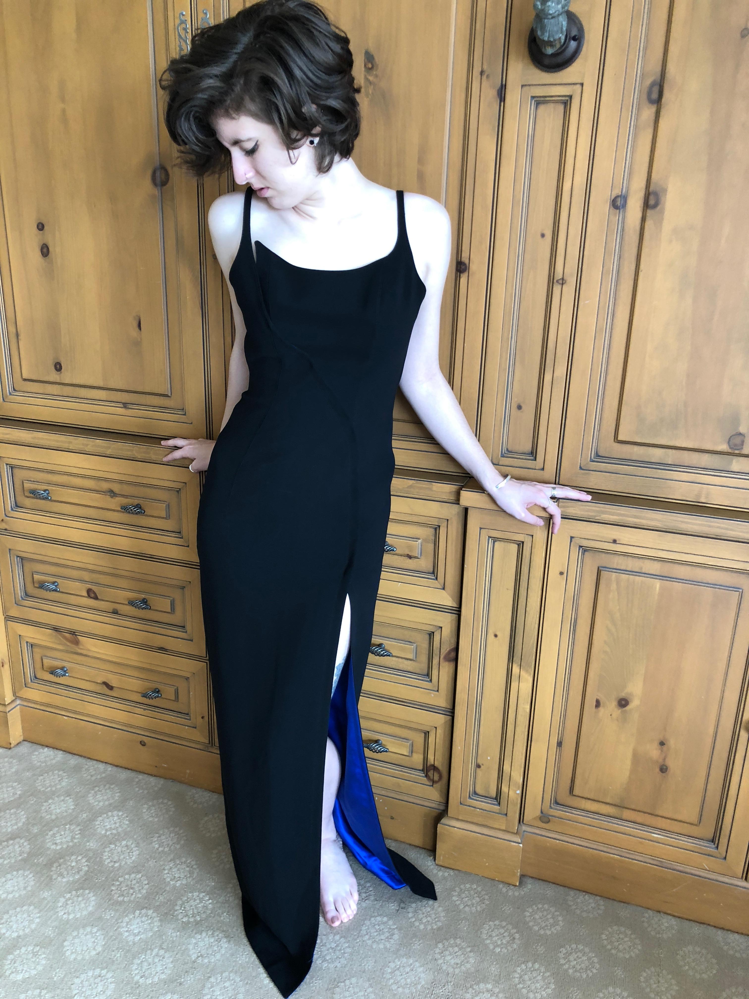 Thierry Mugler Black Vintage Evening Dress with Electric Blue Silk Lining For Sale 4