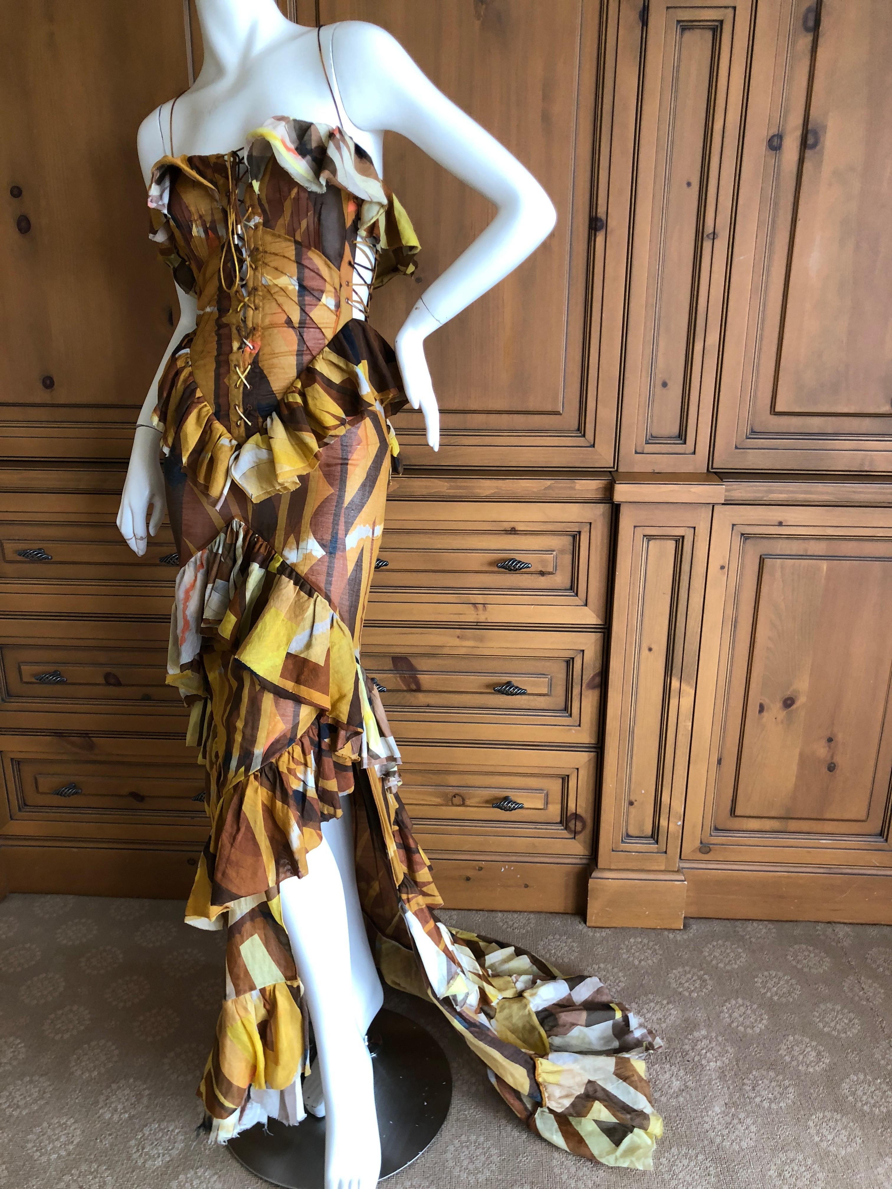 Emilio Pucci Tie Dye Pattern Ruffled Dress w Corset Lace Detailing  Peter Dundas In Excellent Condition For Sale In Cloverdale, CA