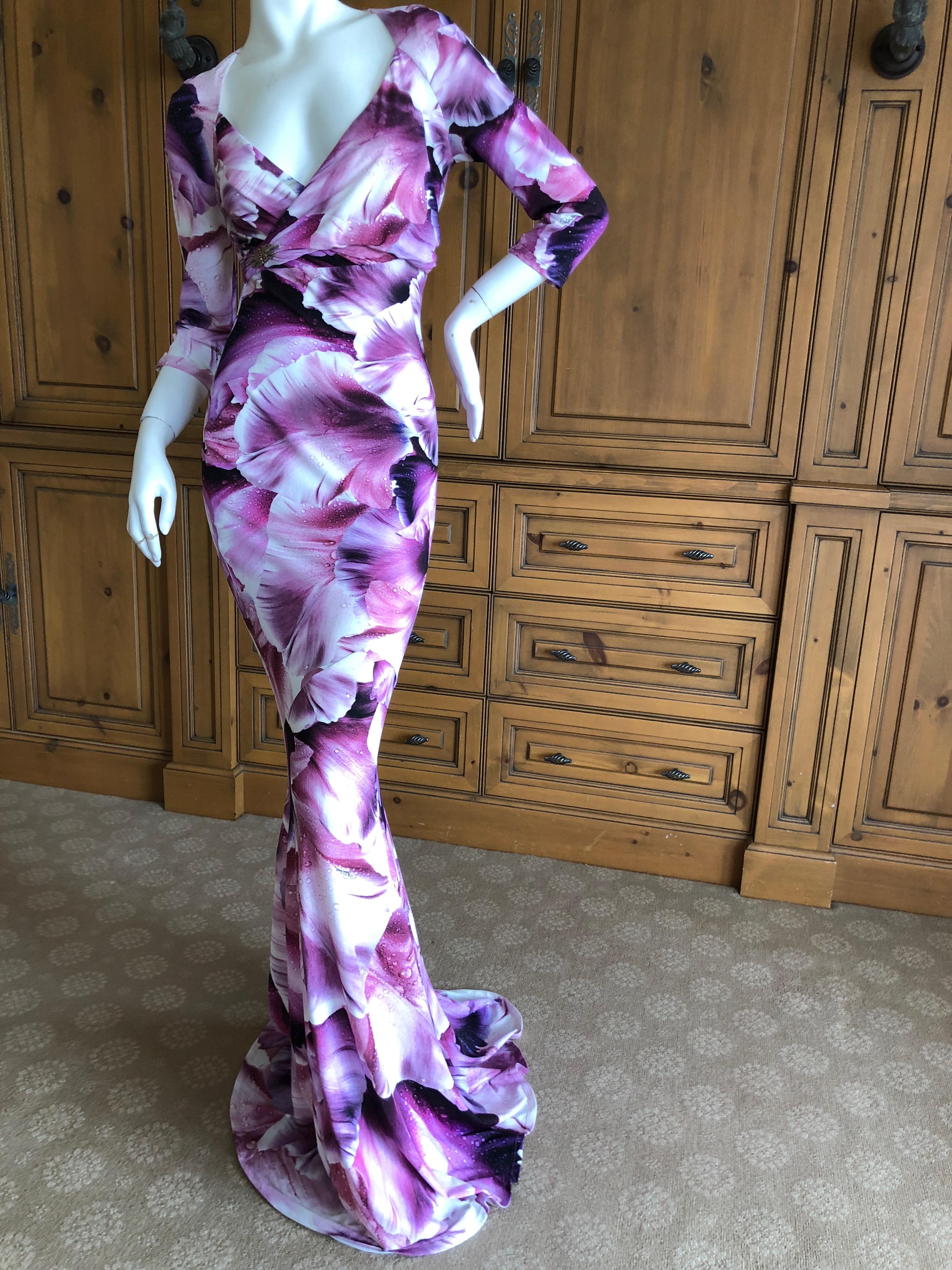 Roberto Cavalli Vintage Orchid Print Pink and Black  Evening Dress .
There is a lot of stretch in this.
Size 40 
Bust  36