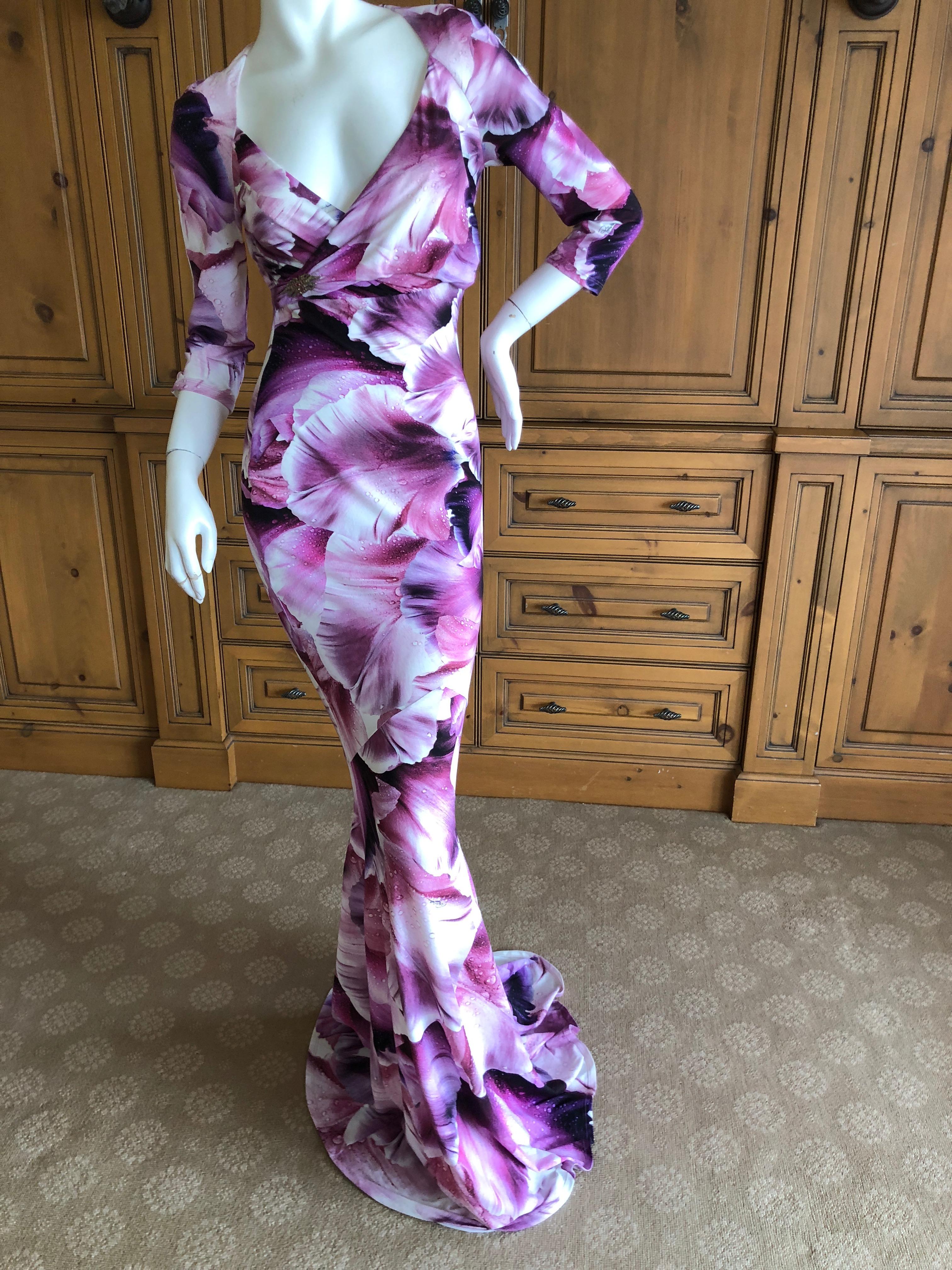 Roberto Cavalli Vintage Orchid Print Pink and Black  Evening Dress  In Excellent Condition For Sale In Cloverdale, CA