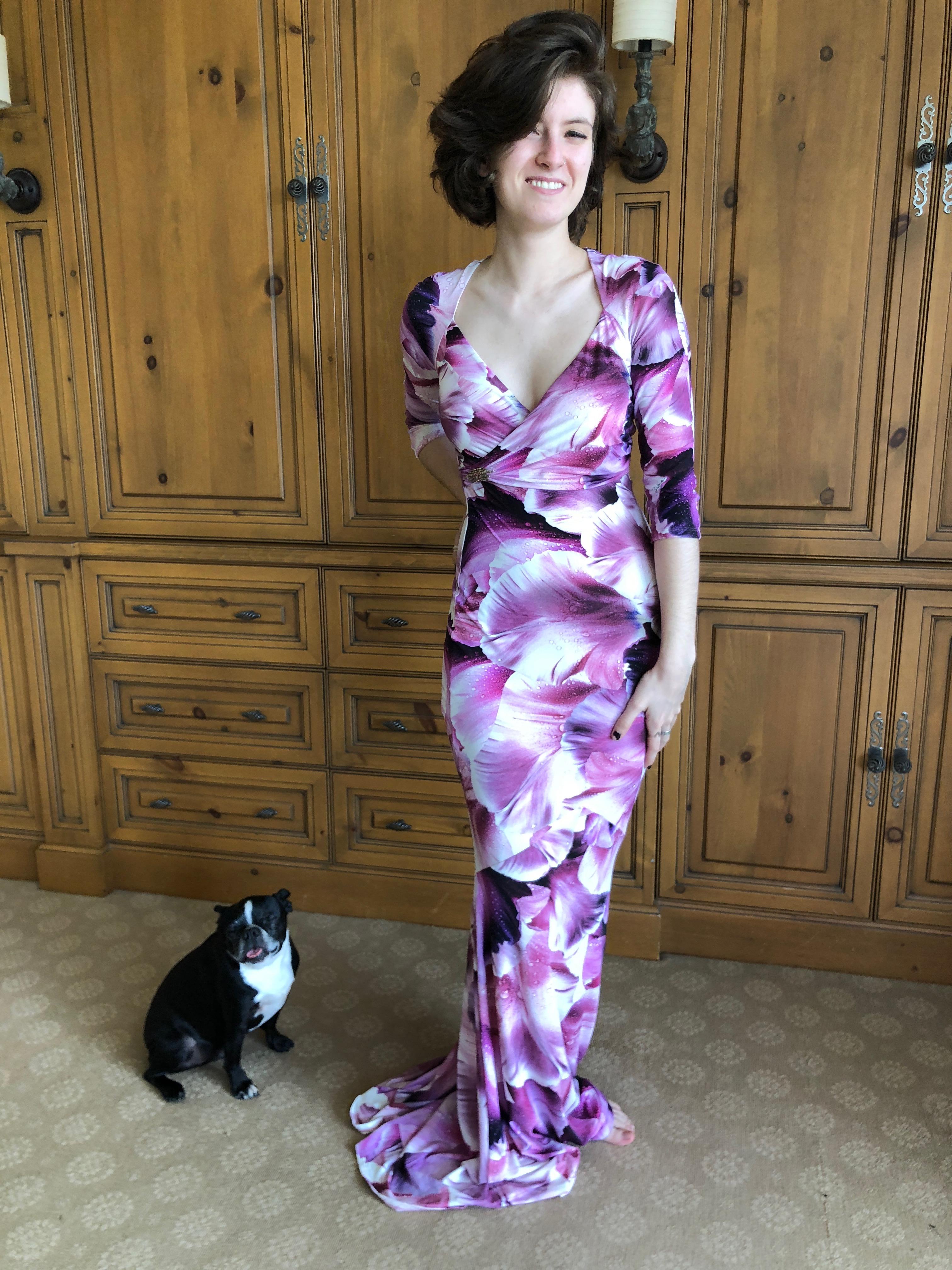 Roberto Cavalli Vintage Orchid Print Pink and Black  Evening Dress  For Sale 5