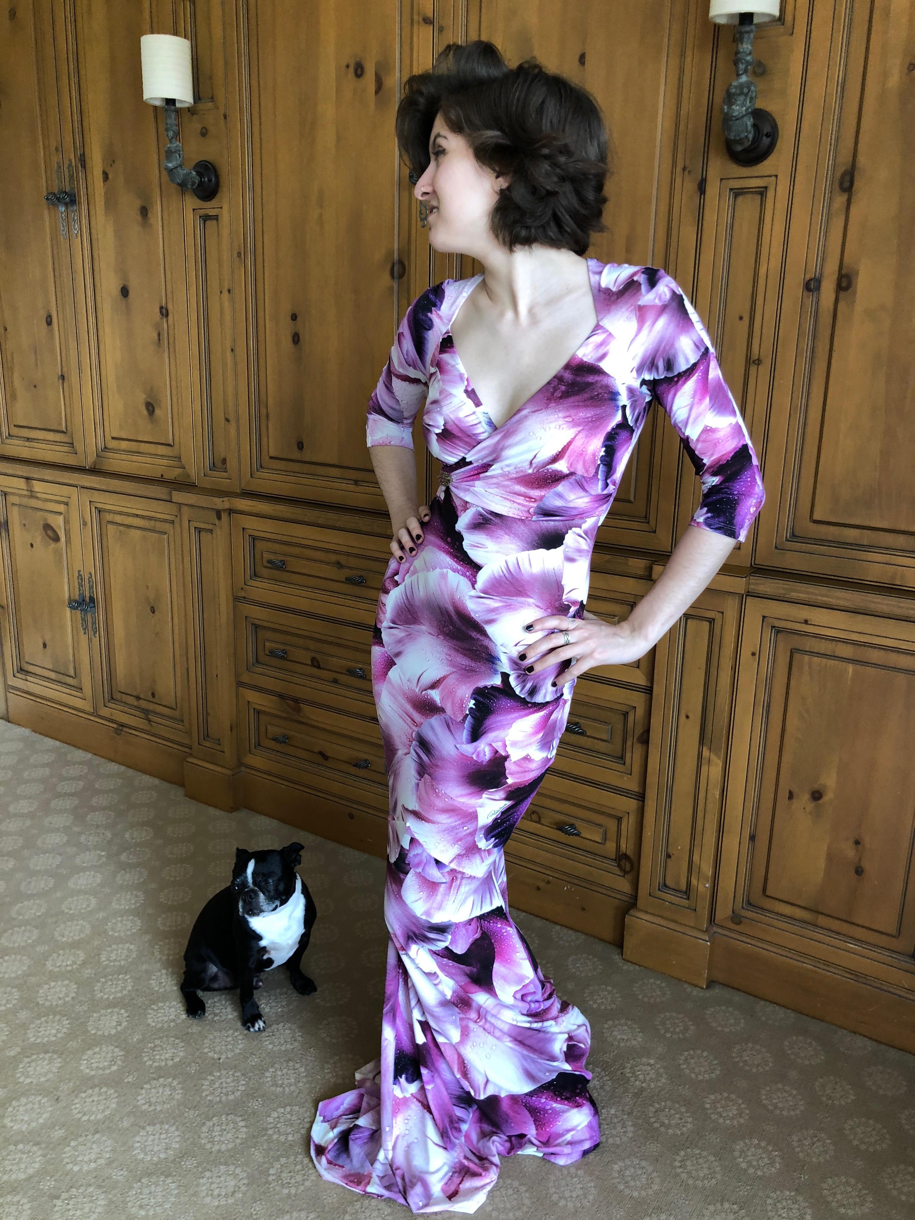 Roberto Cavalli Vintage Orchid Print Pink and Black  Evening Dress  For Sale 6