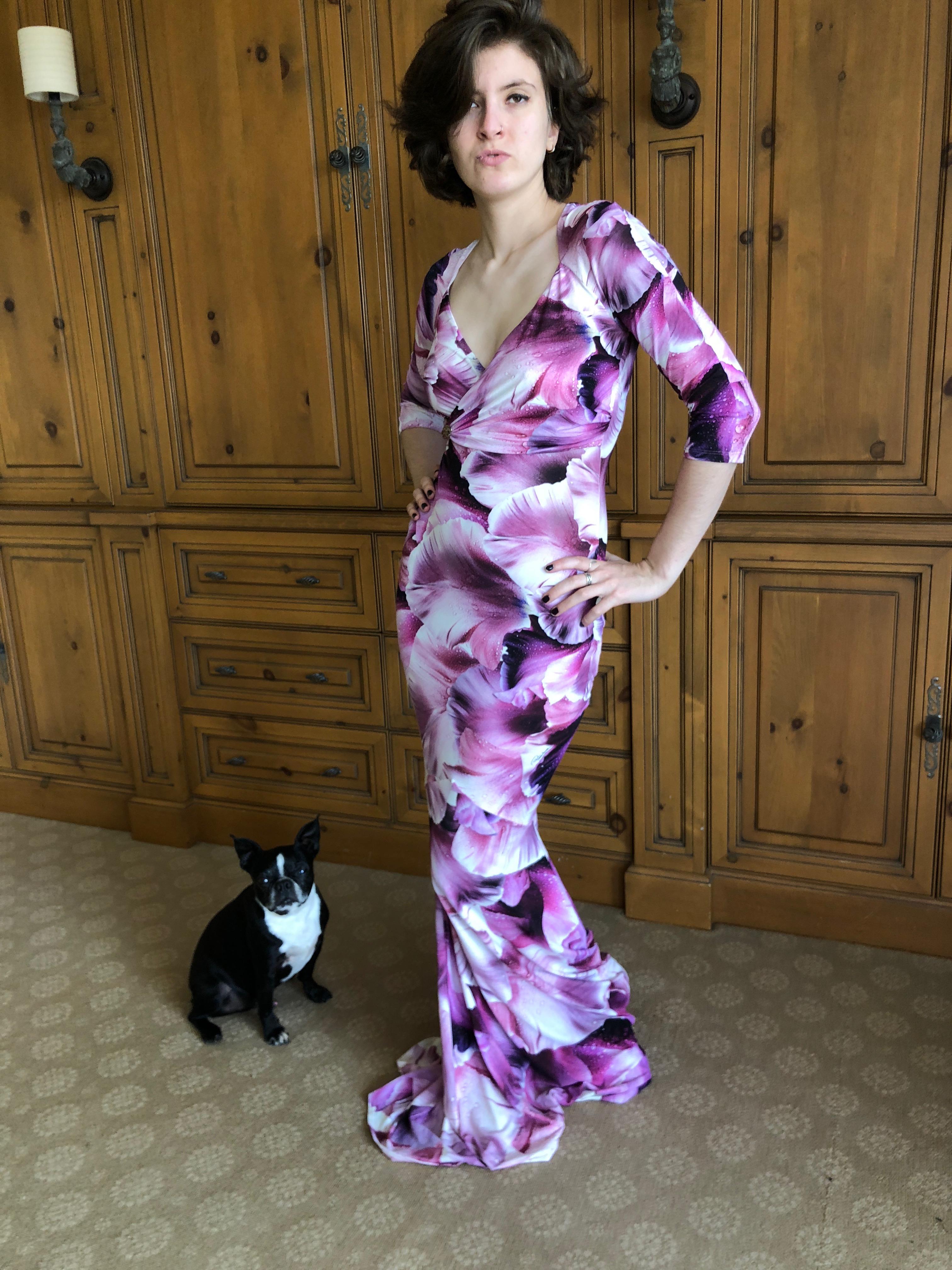 Roberto Cavalli Vintage Orchid Print Pink and Black  Evening Dress  For Sale 7