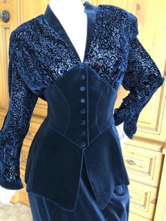 Thierry Mugler Paris Vintage 1980's Navy Blue Devore Velvet Skirt Suit Size 44