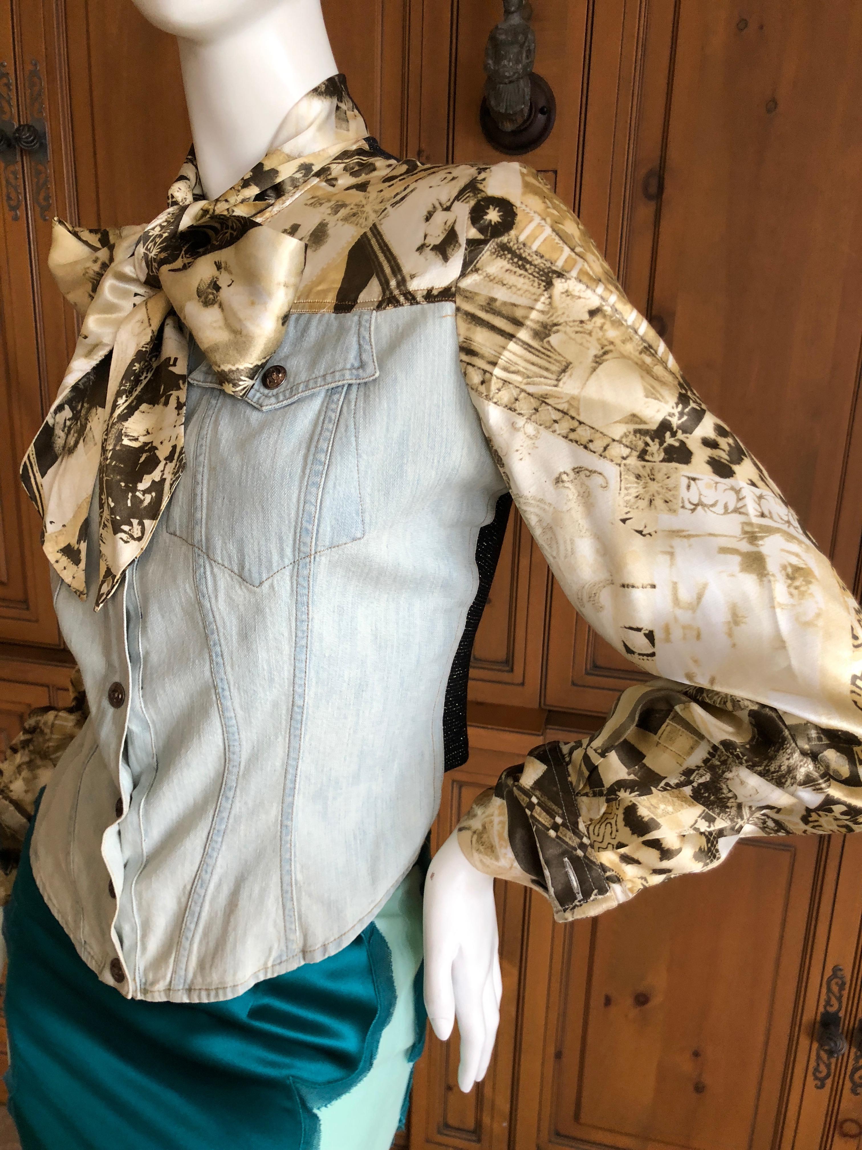 Christian Lacroix Bazar Vintage Washed Denim and Silk Jacket with Bow In Excellent Condition For Sale In Cloverdale, CA