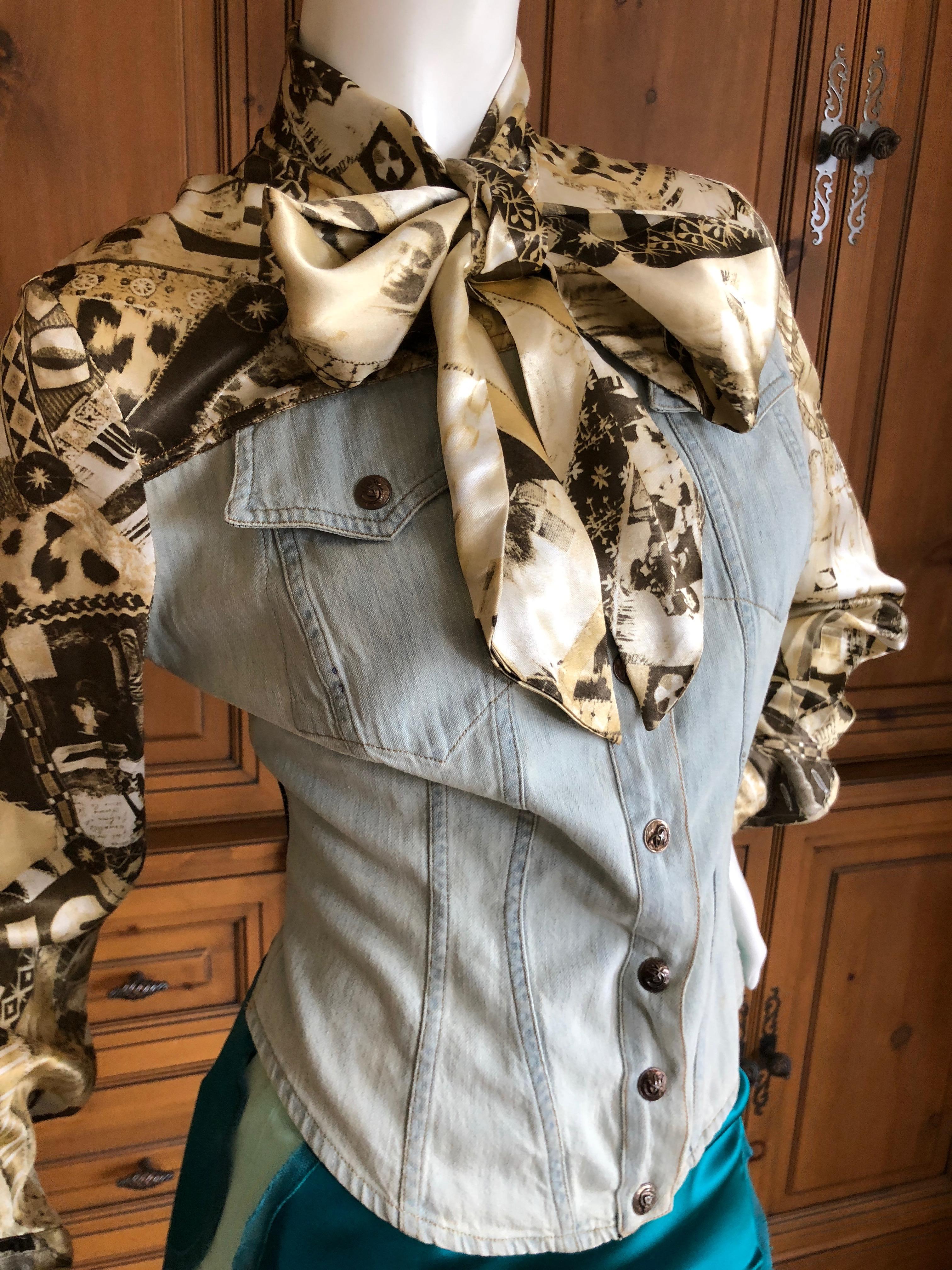 Christian Lacroix Bazar Vintage Washed Denim and Silk Jacket with Bow For Sale 3