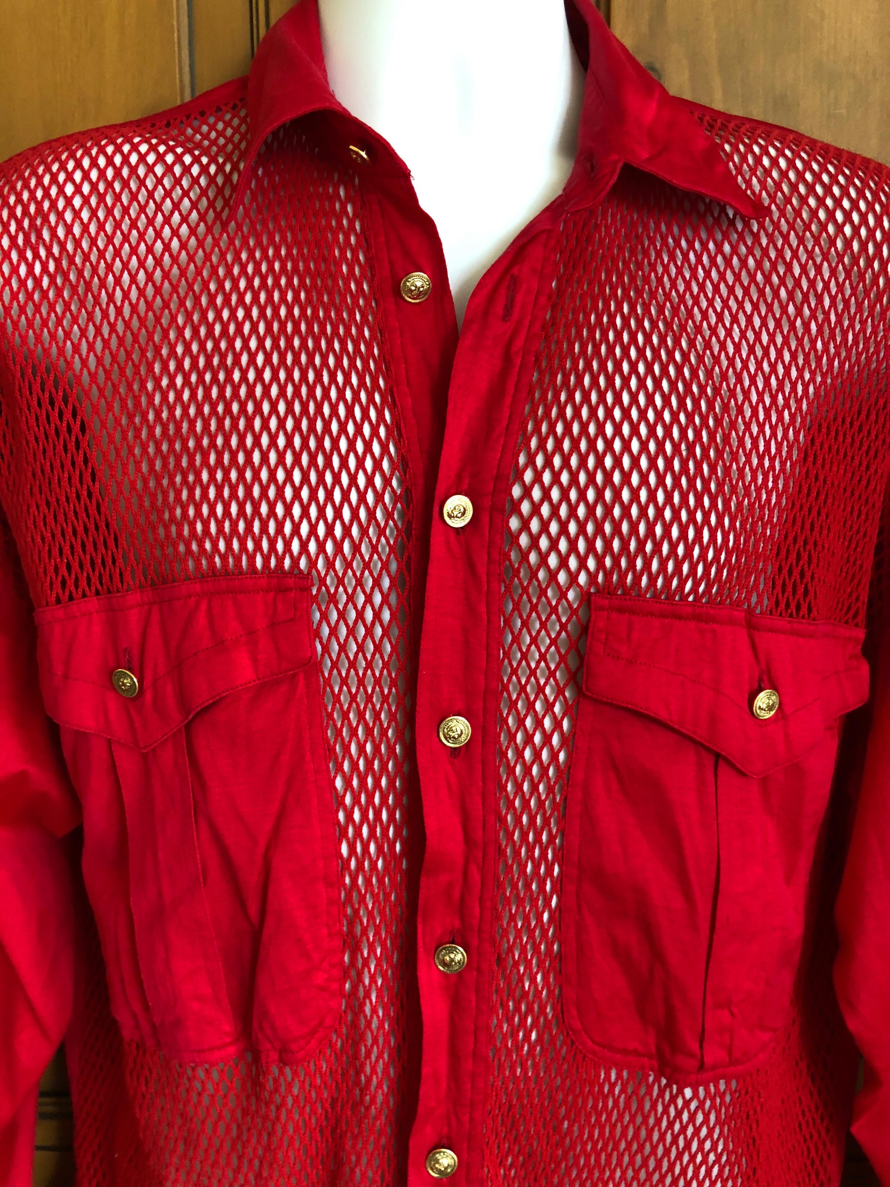 Versus Gianni Versace Rare 1993 Red Sheer Mesh Men's Large Shirt 

There is no size label, I would say it's a X large
Measurements ;

 Chest 48