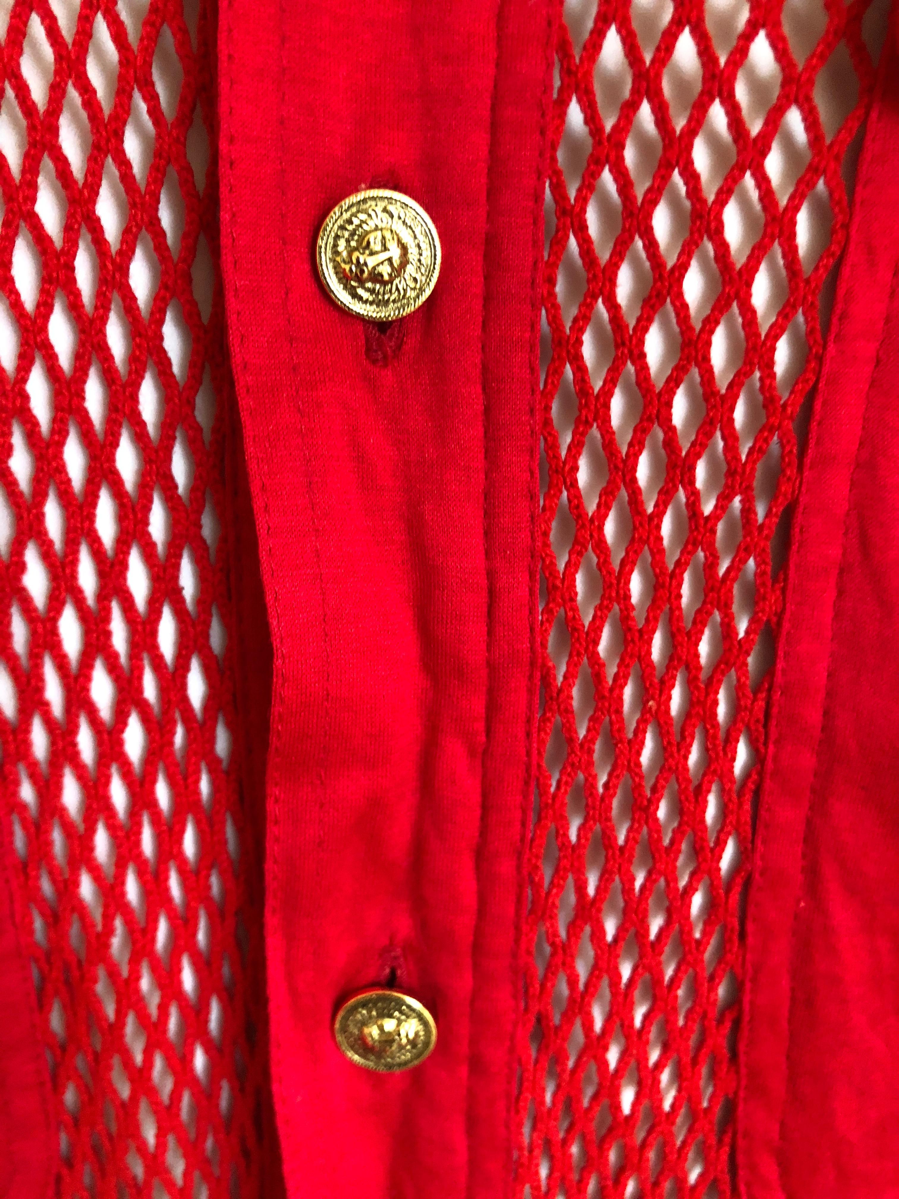 Versus Gianni Versace Rare 1993 Red Sheer Mesh Men's Large Shirt  In Good Condition For Sale In Cloverdale, CA