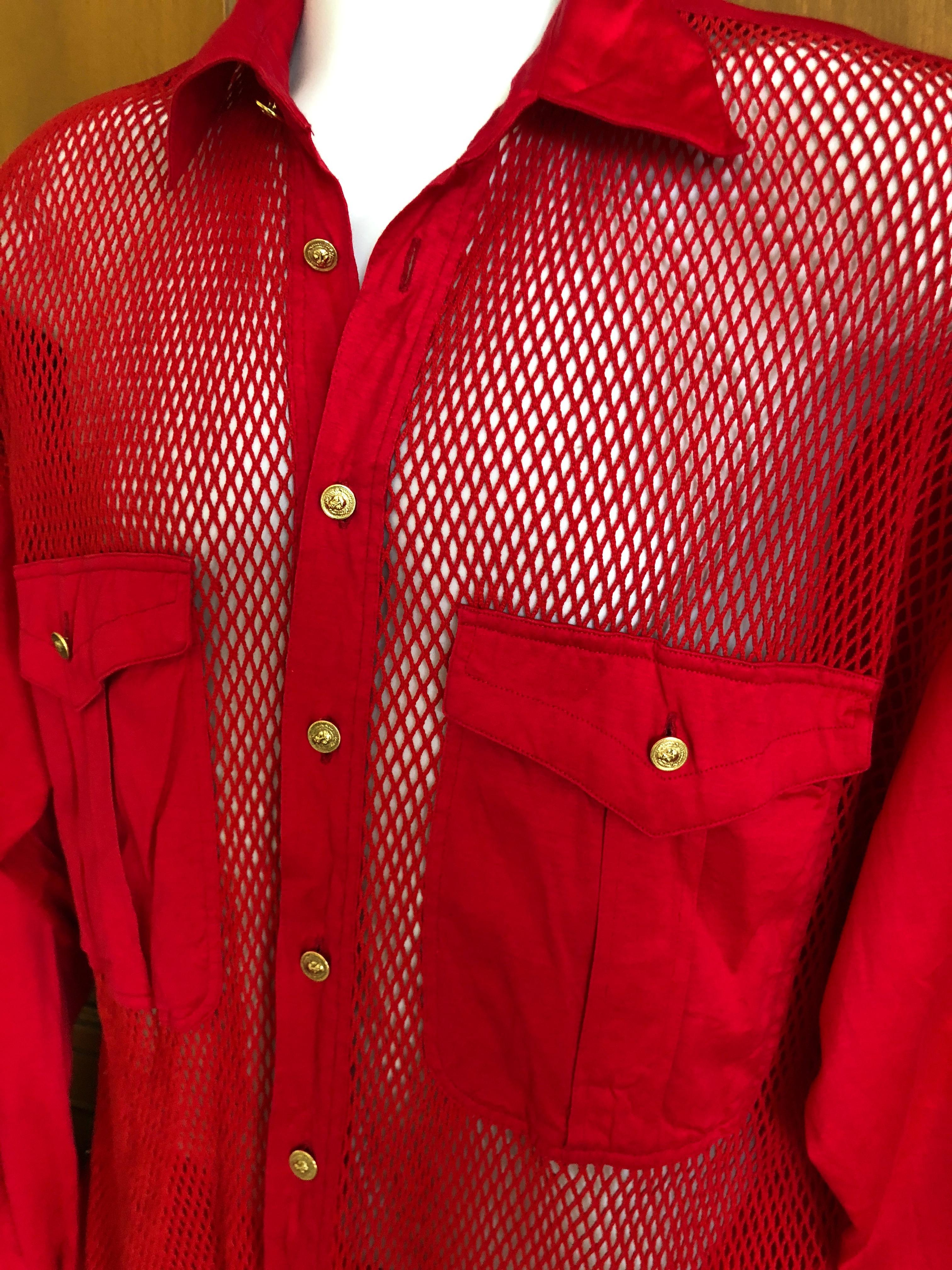 Versus Gianni Versace Rare 1993 Red Sheer Mesh Men's Large Shirt  For Sale 1