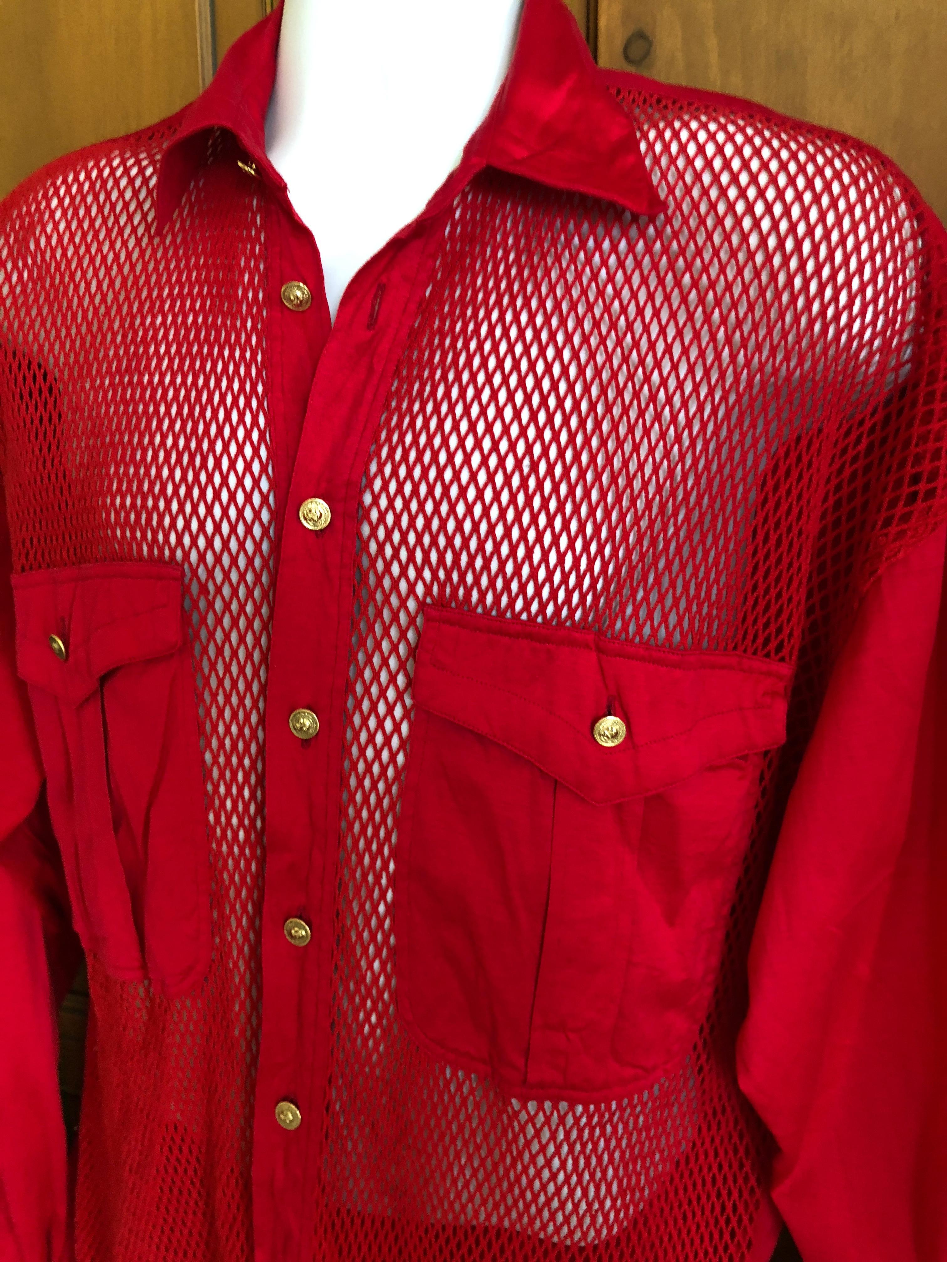 Versus Gianni Versace Rare 1993 Red Sheer Mesh Men's Large Shirt  For Sale 2