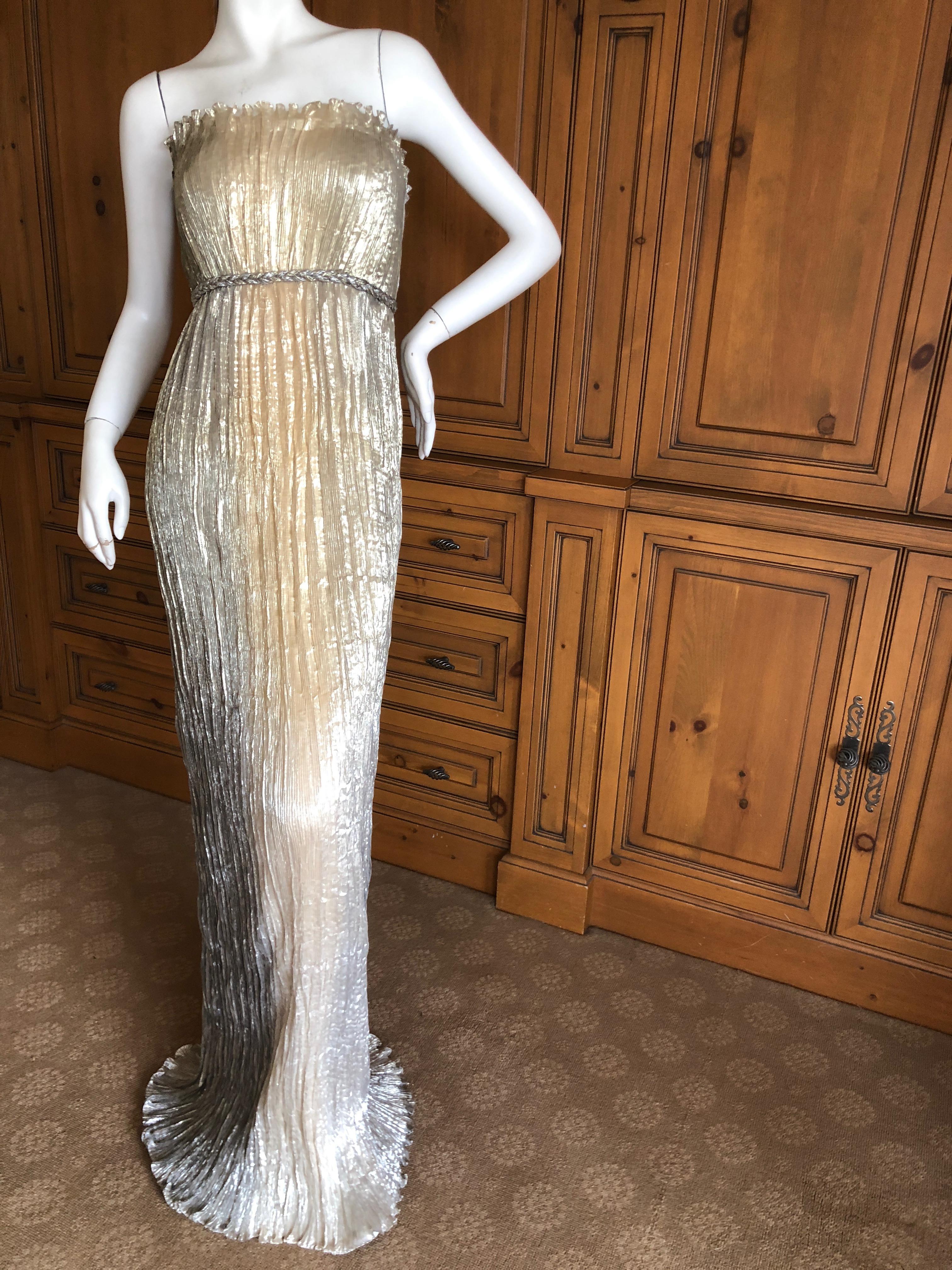 Women's Oscar de la Renta Plisse Pleated Metallic Vintage Strapless Goddess Gown For Sale
