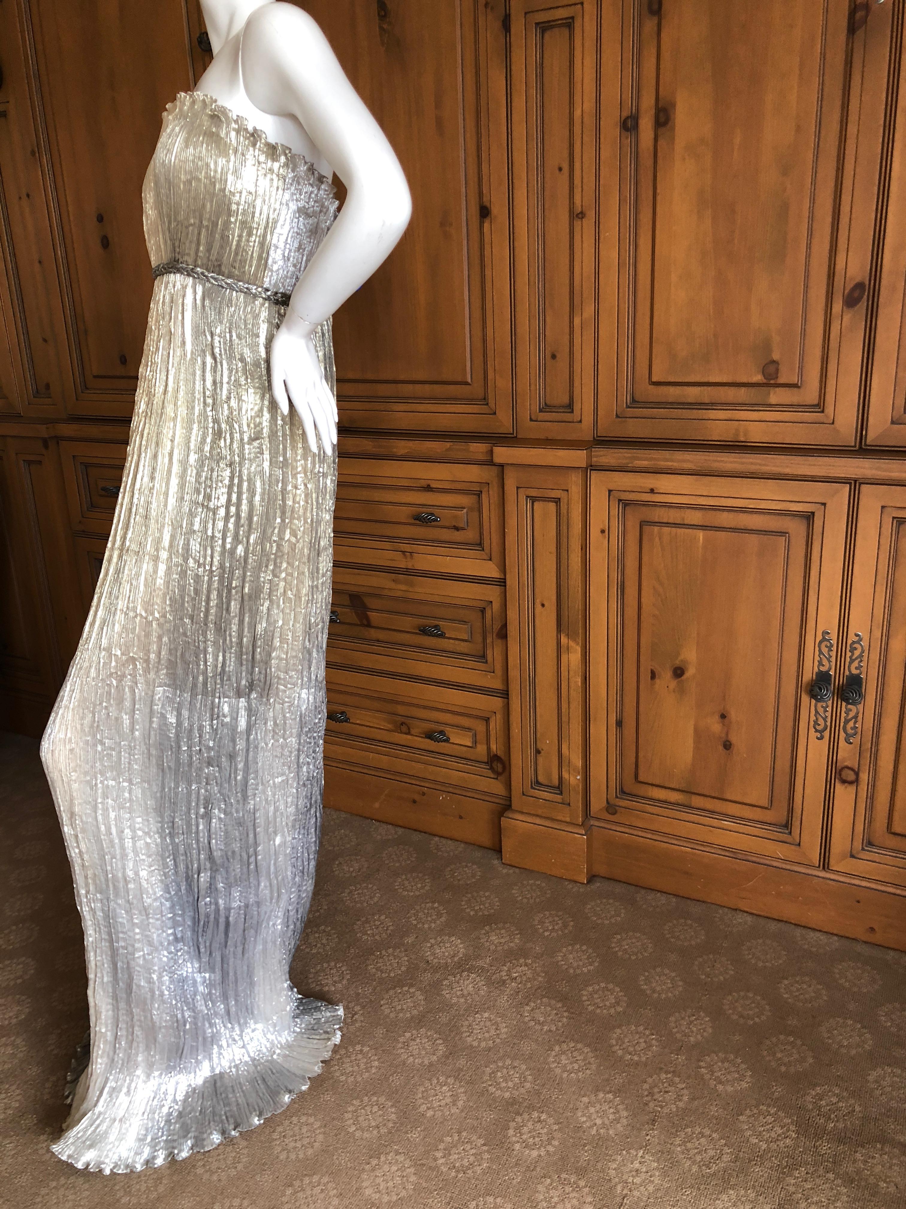 Oscar de la Renta Plisse Pleated Metallic Vintage Strapless Goddess Gown For Sale 1