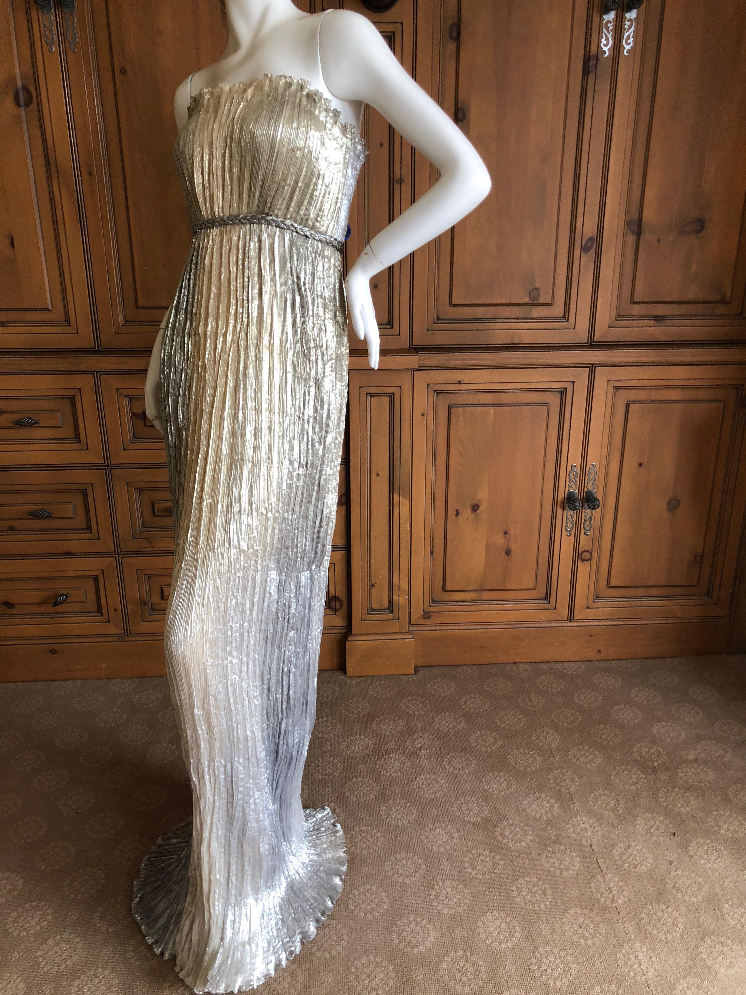 Oscar de la Renta Plisse Pleated Metallic Vintage Strapless Goddess Gown For Sale 2
