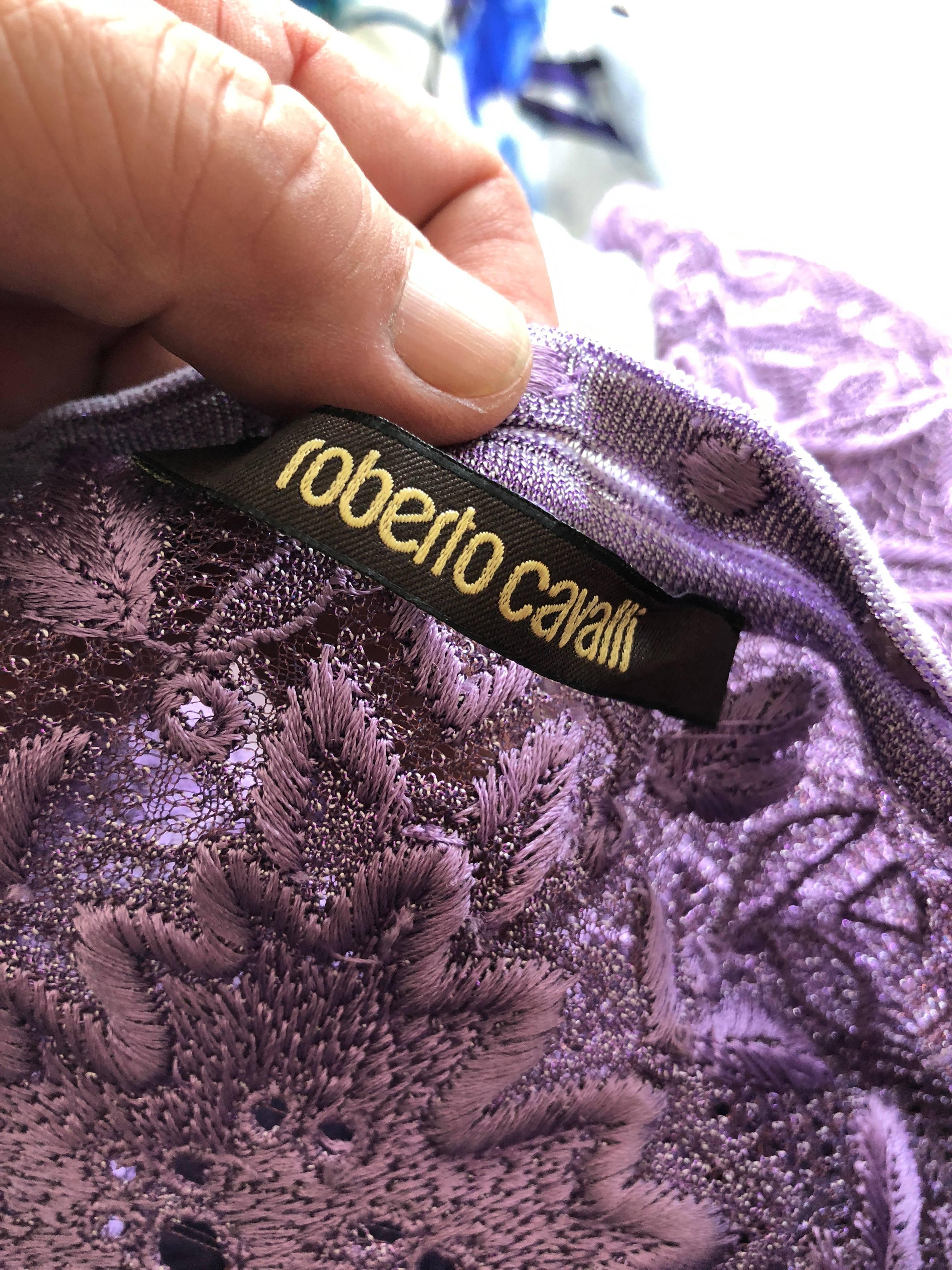 Roberto Cavalli Sexy Sheer Purple Guipure Lace Evening Dress For Sale 11