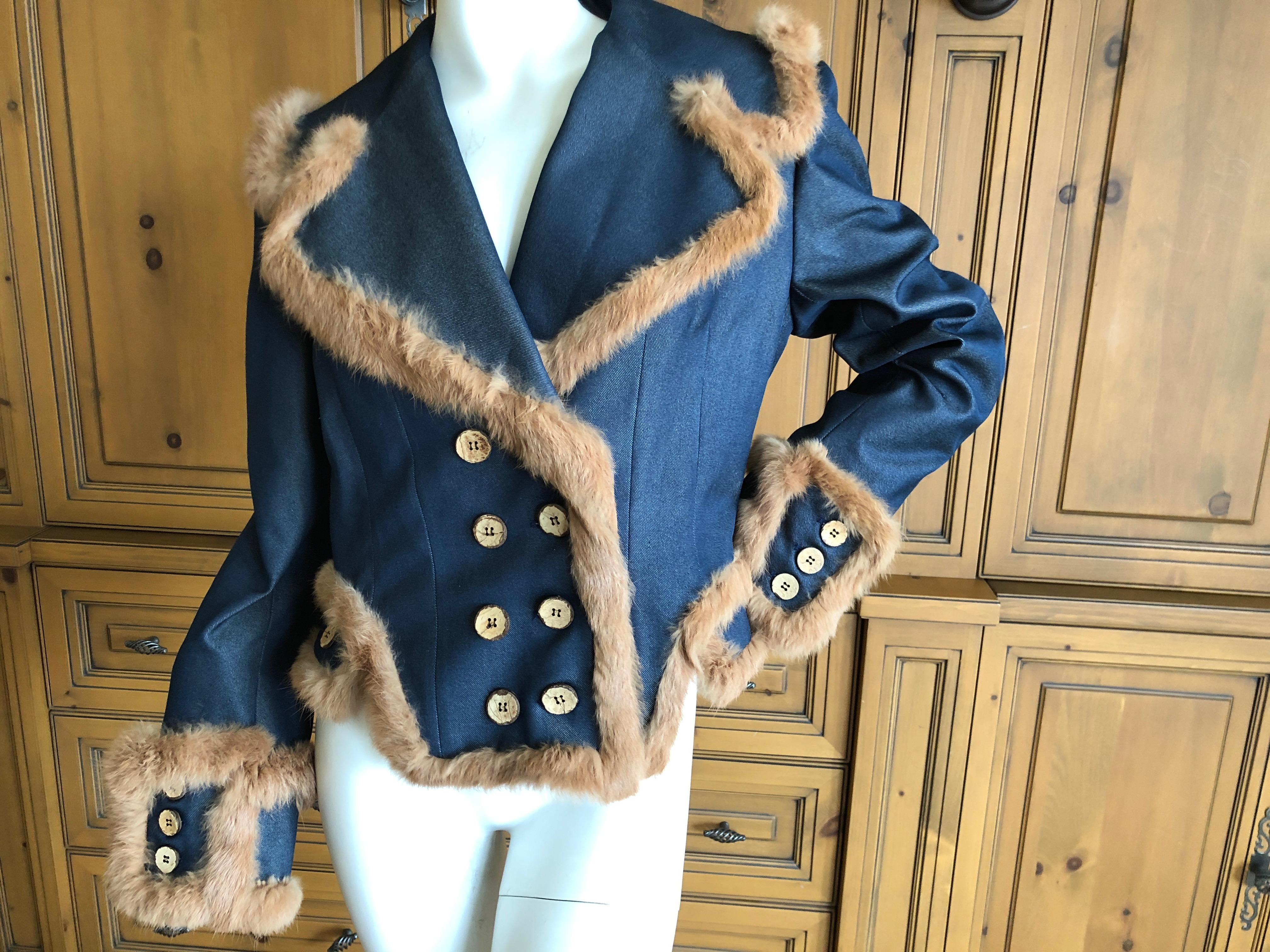 John Galliano 1990's Fur Trim Denim Exaggerated Great Coat Hard to Find Size 46
Would fit small man, Unisex.
Appears unworn, in pristine condition

Trimmed in very soft fur, orlyag is a type of rabbit bred and raised in France to resemble