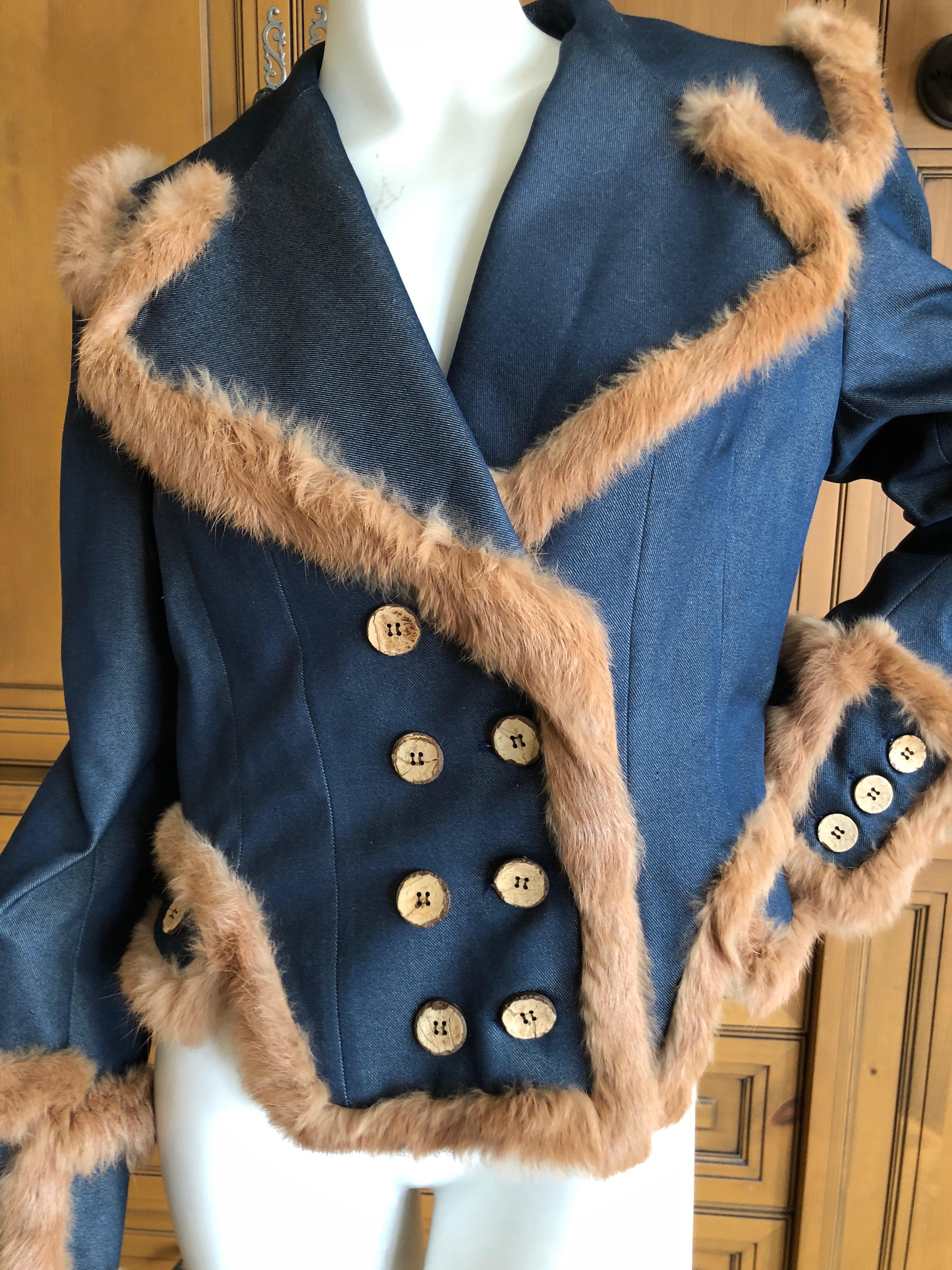 John Galliano Fur Trim Denim Exaggerated Great Coat, 1990s   In New Condition For Sale In Cloverdale, CA