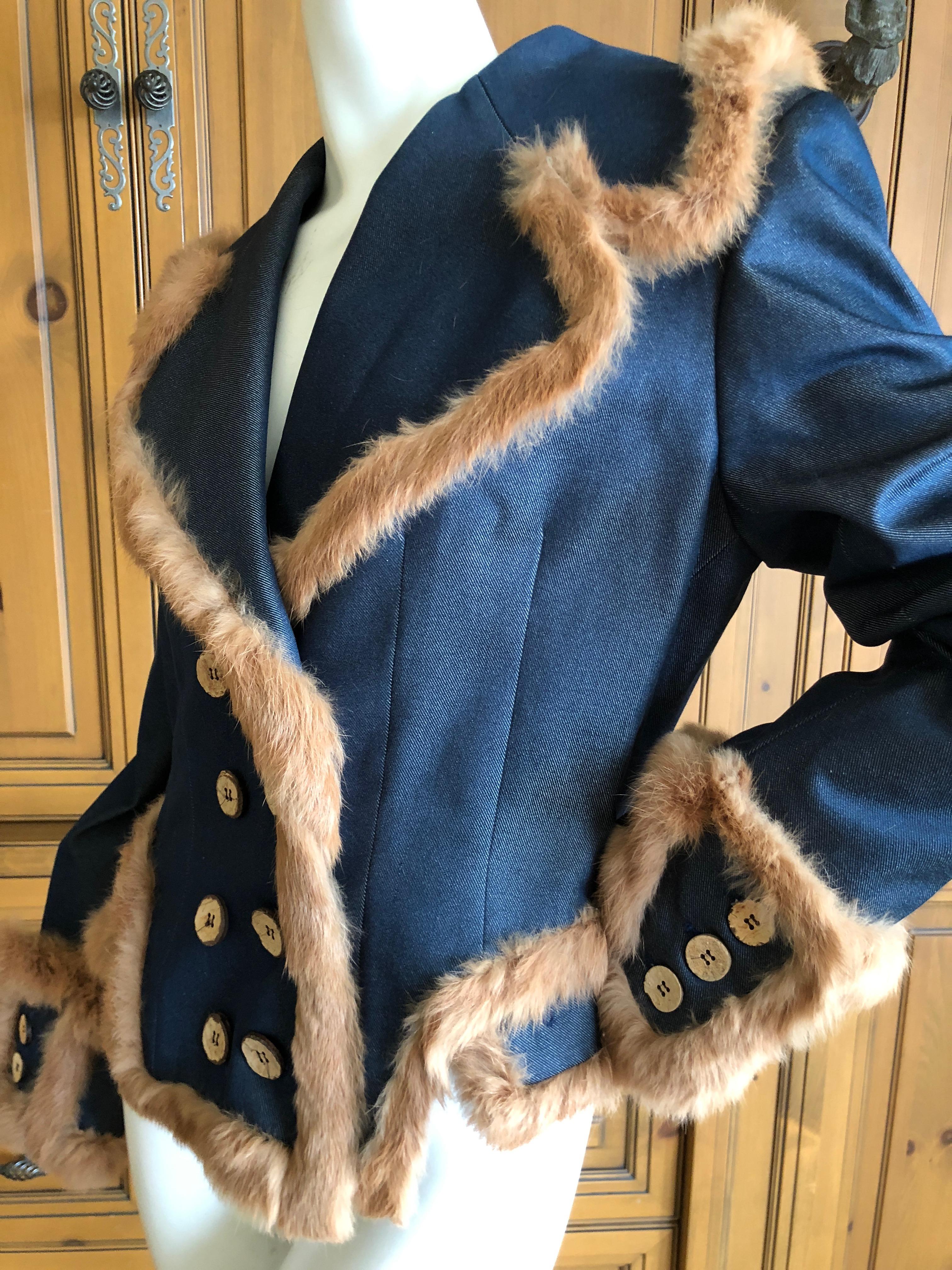 John Galliano Fur Trim Denim Exaggerated Great Coat, 1990s   For Sale 1
