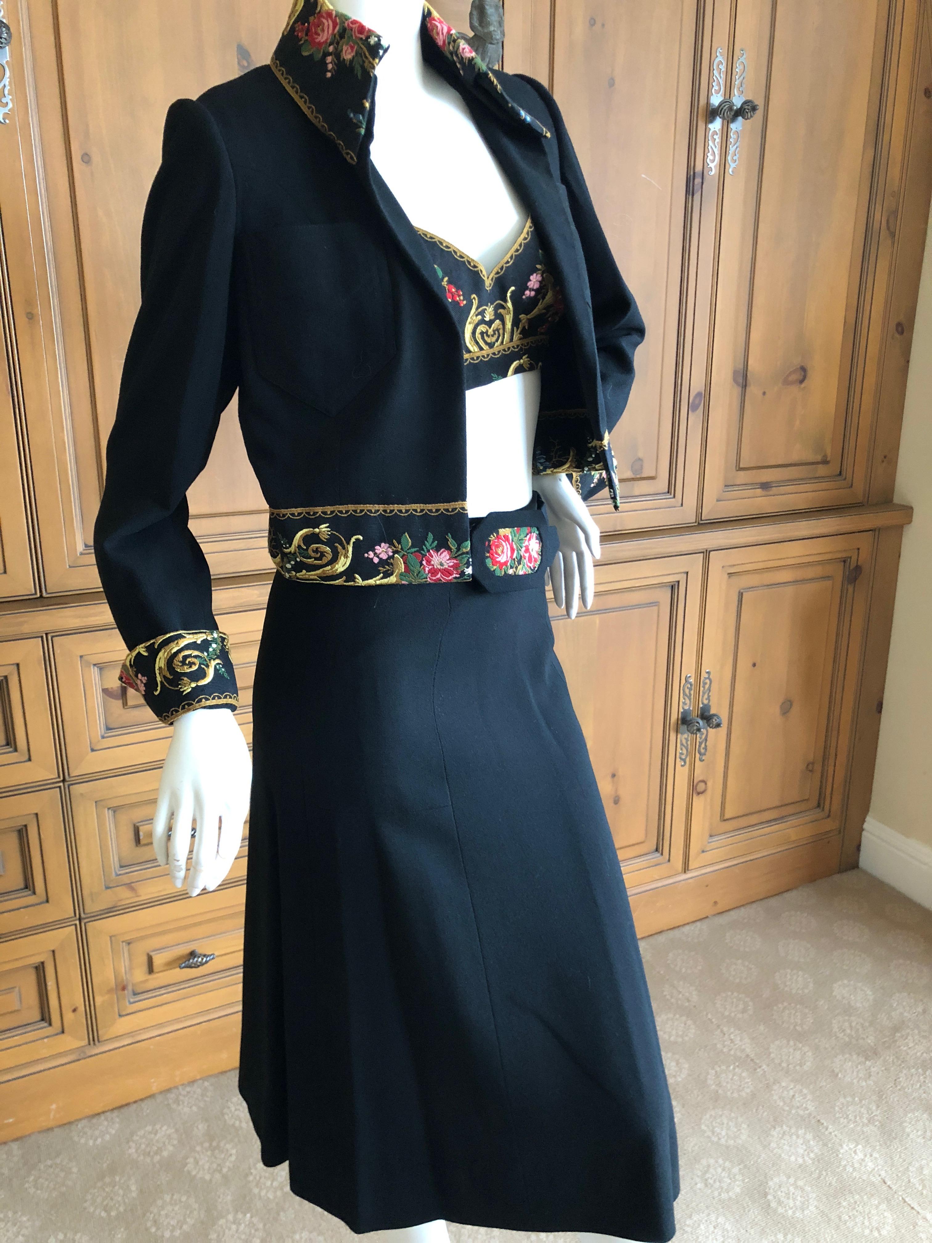 Cardinali Embroidered Black Cotton Skirt Suit with Midriff Baring Bra Fall 1971  For Sale 2