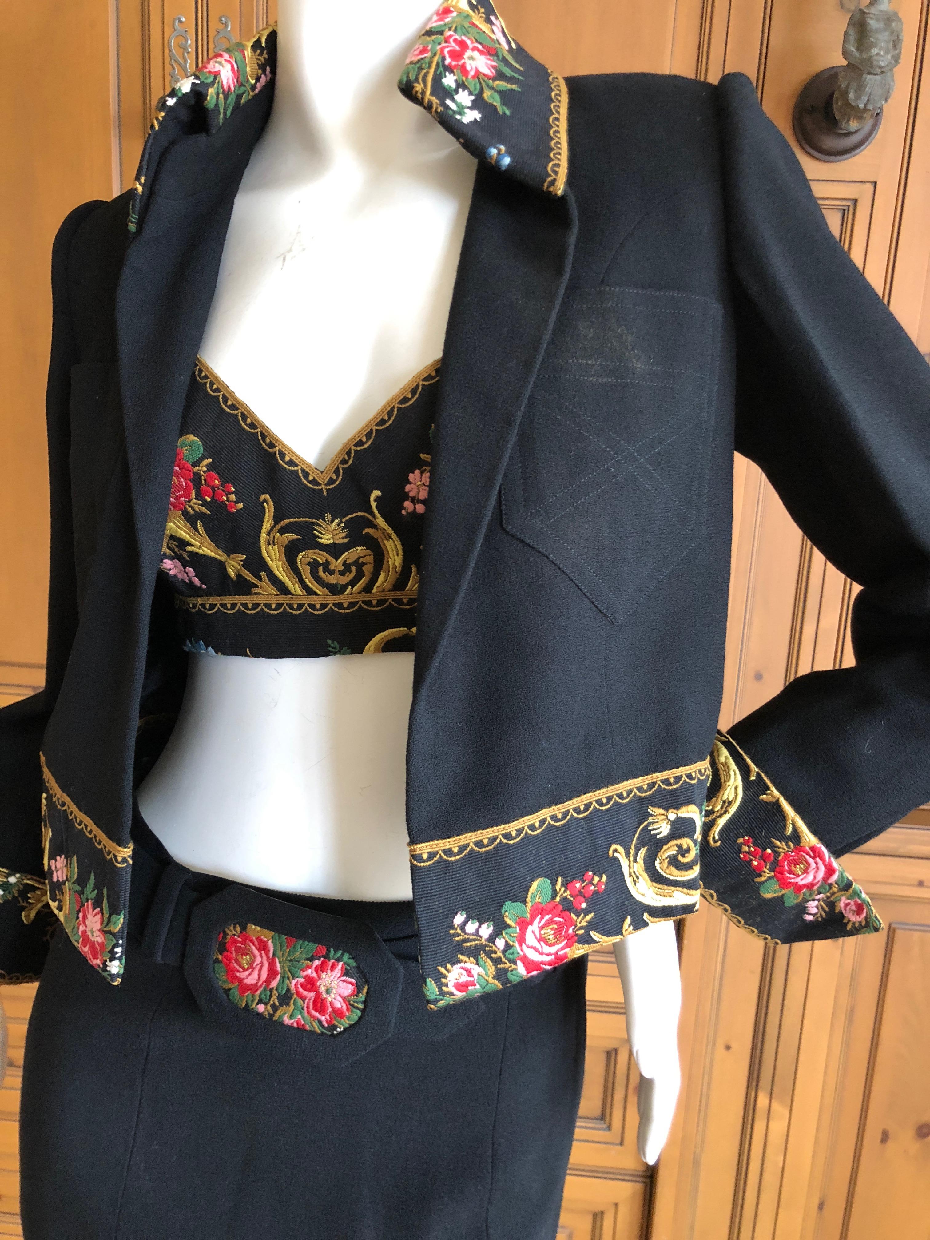 Cardinali Embroidered Black Cotton Skirt Suit with Midriff Baring Bra Fall 1971  For Sale 3