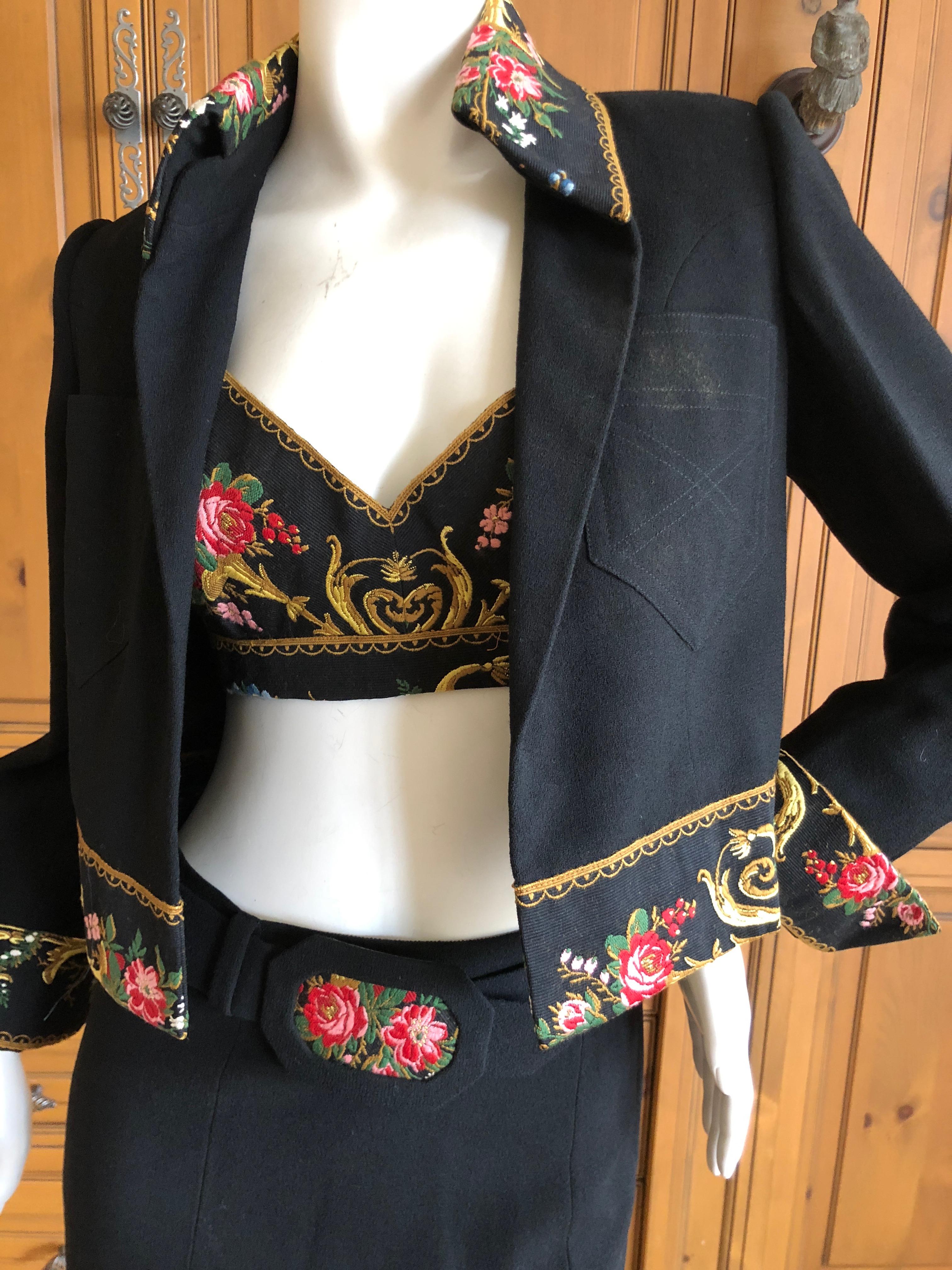 Cardinali Embroidered Black Cotton Skirt Suit with Midriff Baring Bra Fall 1971  For Sale 4