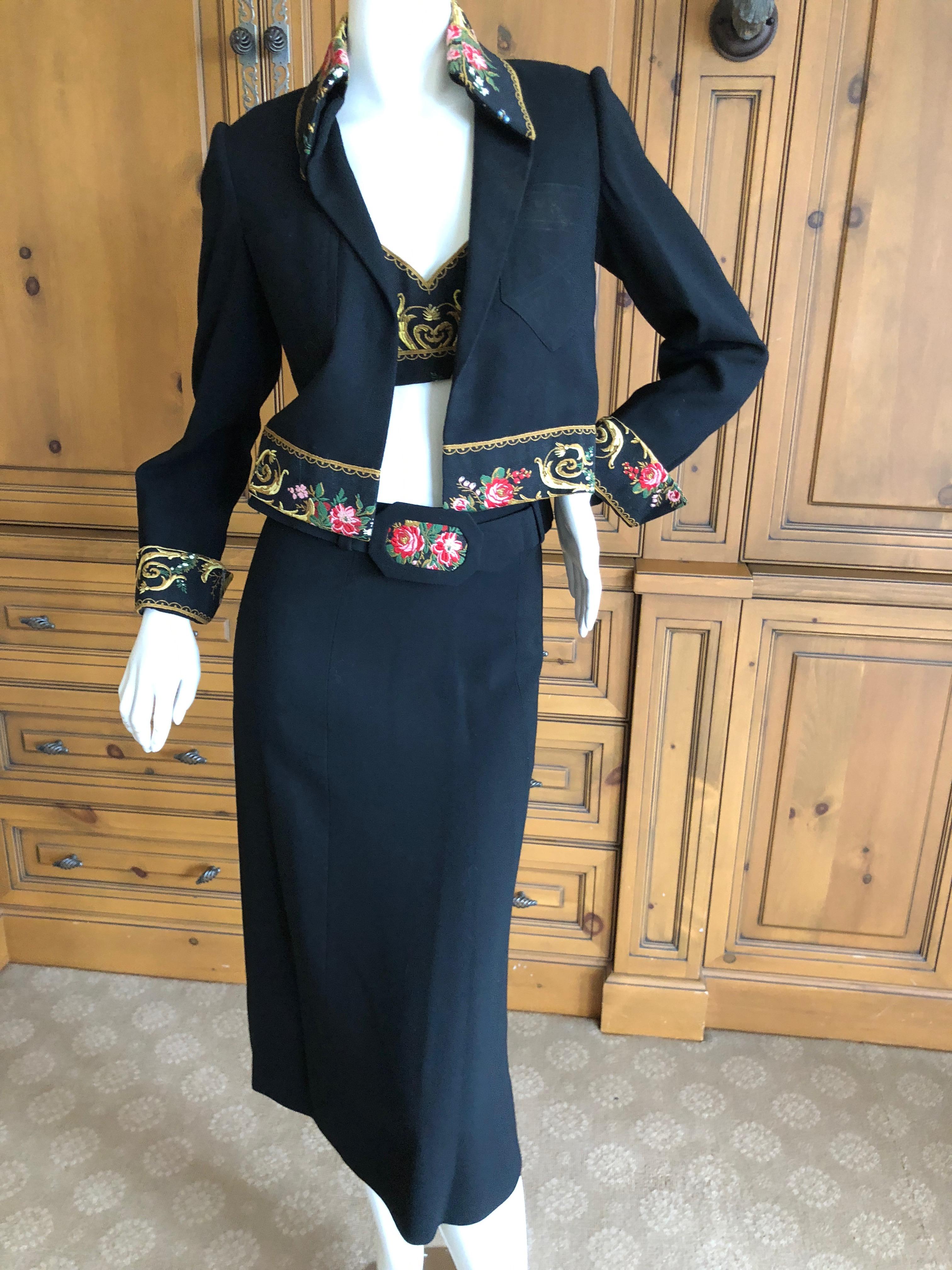 Cardinali Embroidered Black Cotton Skirt Suit with Midriff Baring Bra Fall 1971  For Sale 6