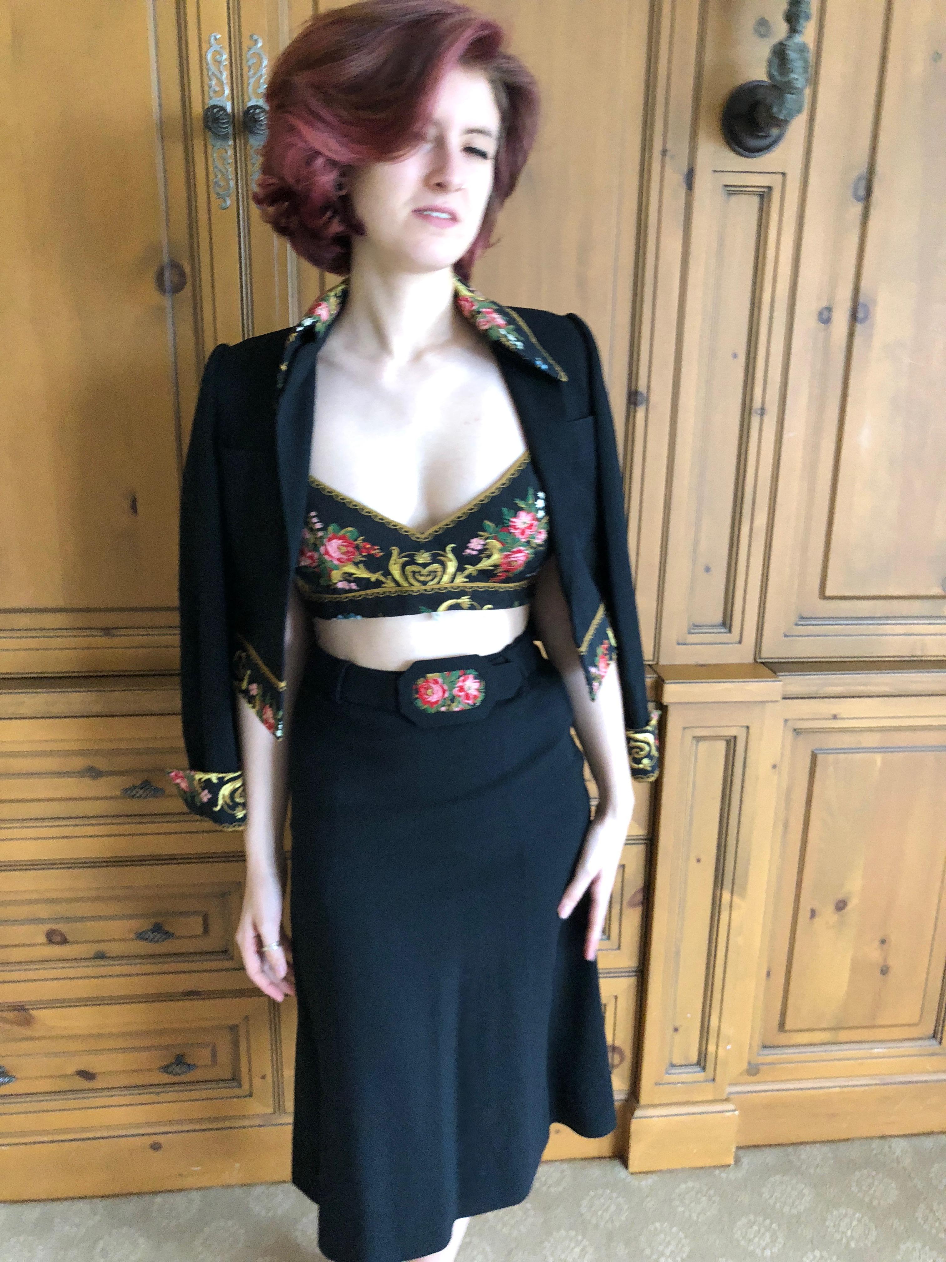 Cardinali Embroidered Black Cotton Skirt Suit with Midriff Baring Bra Fall 1971  For Sale 14