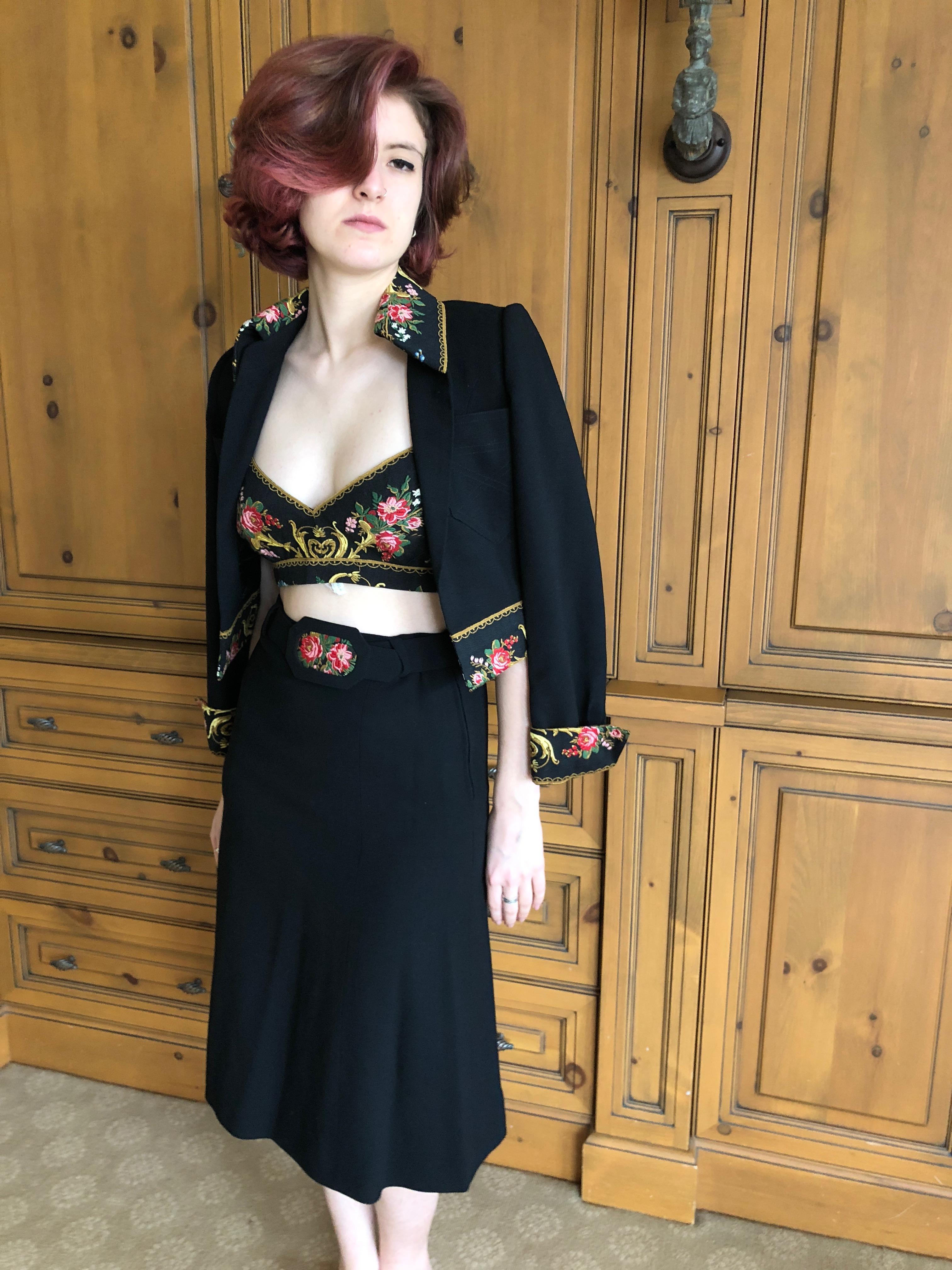 Cardinali Embroidered Black Cotton Skirt Suit with Midriff Baring Bra Fall 1971  In Good Condition For Sale In Cloverdale, CA