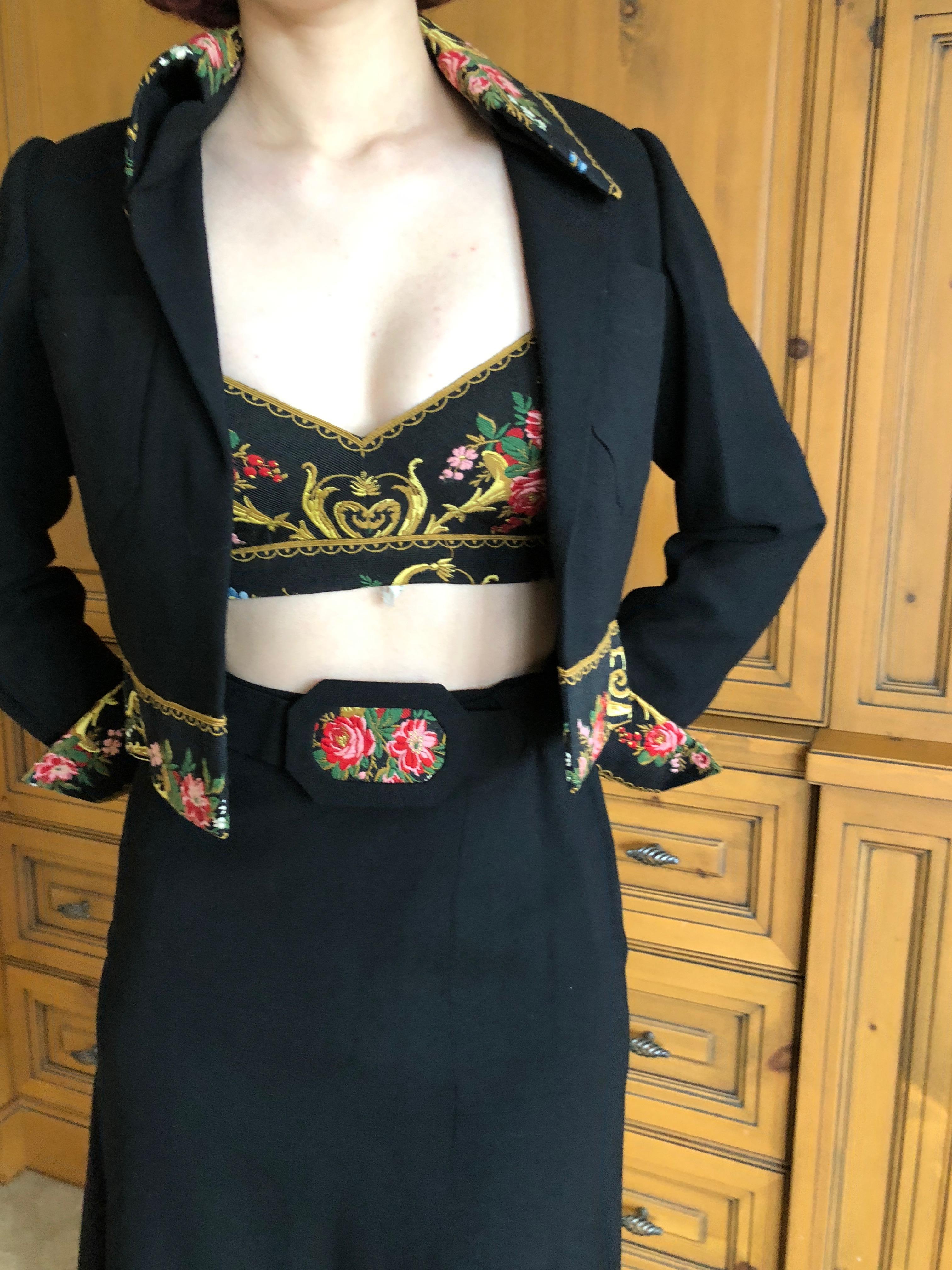 Cardinali Embroidered Black Cotton Skirt Suit with Midriff Baring Bra Fall 1971  For Sale 1