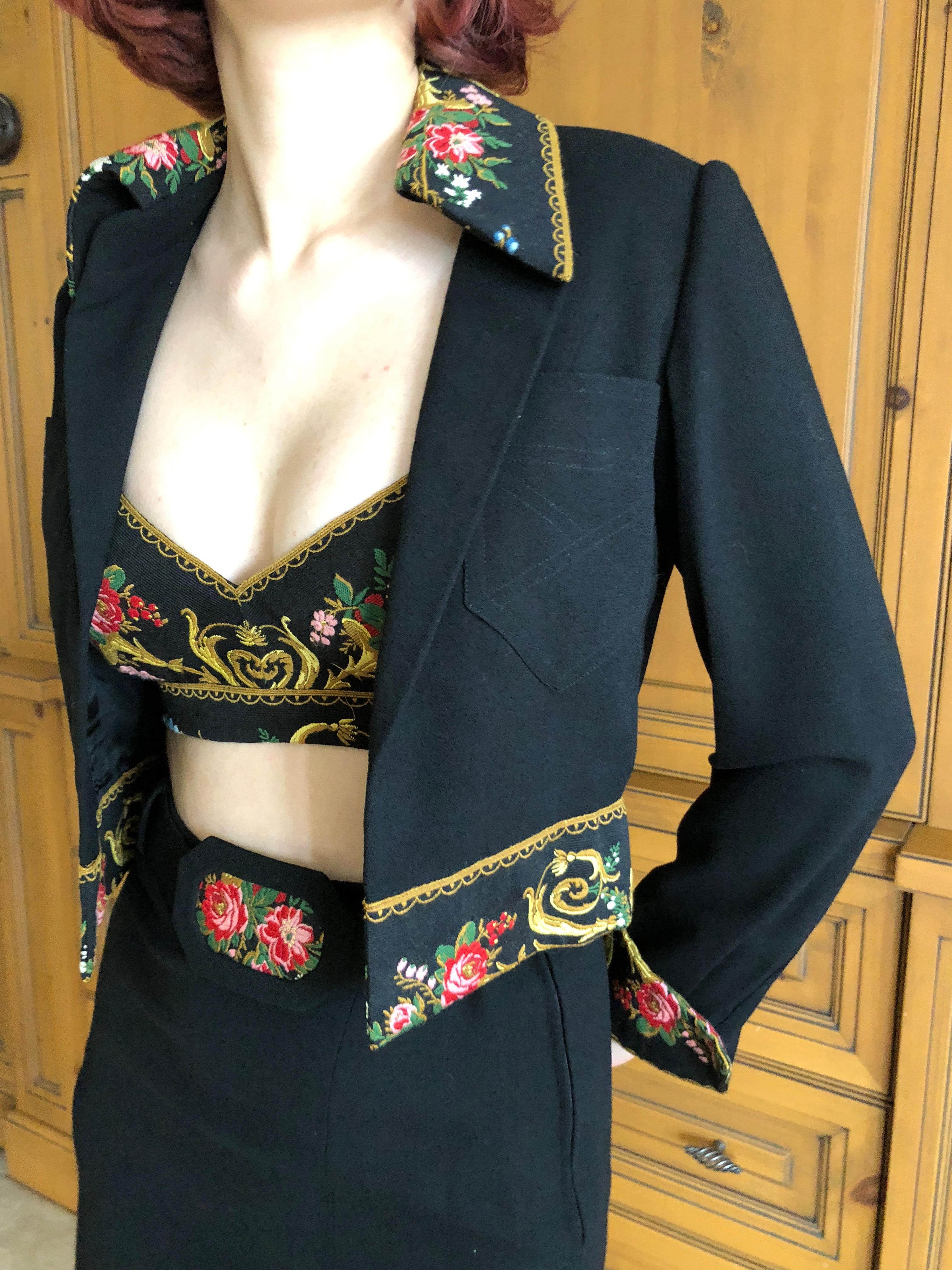 Cardinali Embroidered Black Cotton Skirt Suit with Midriff Baring Bra Fall 1971  For Sale 16