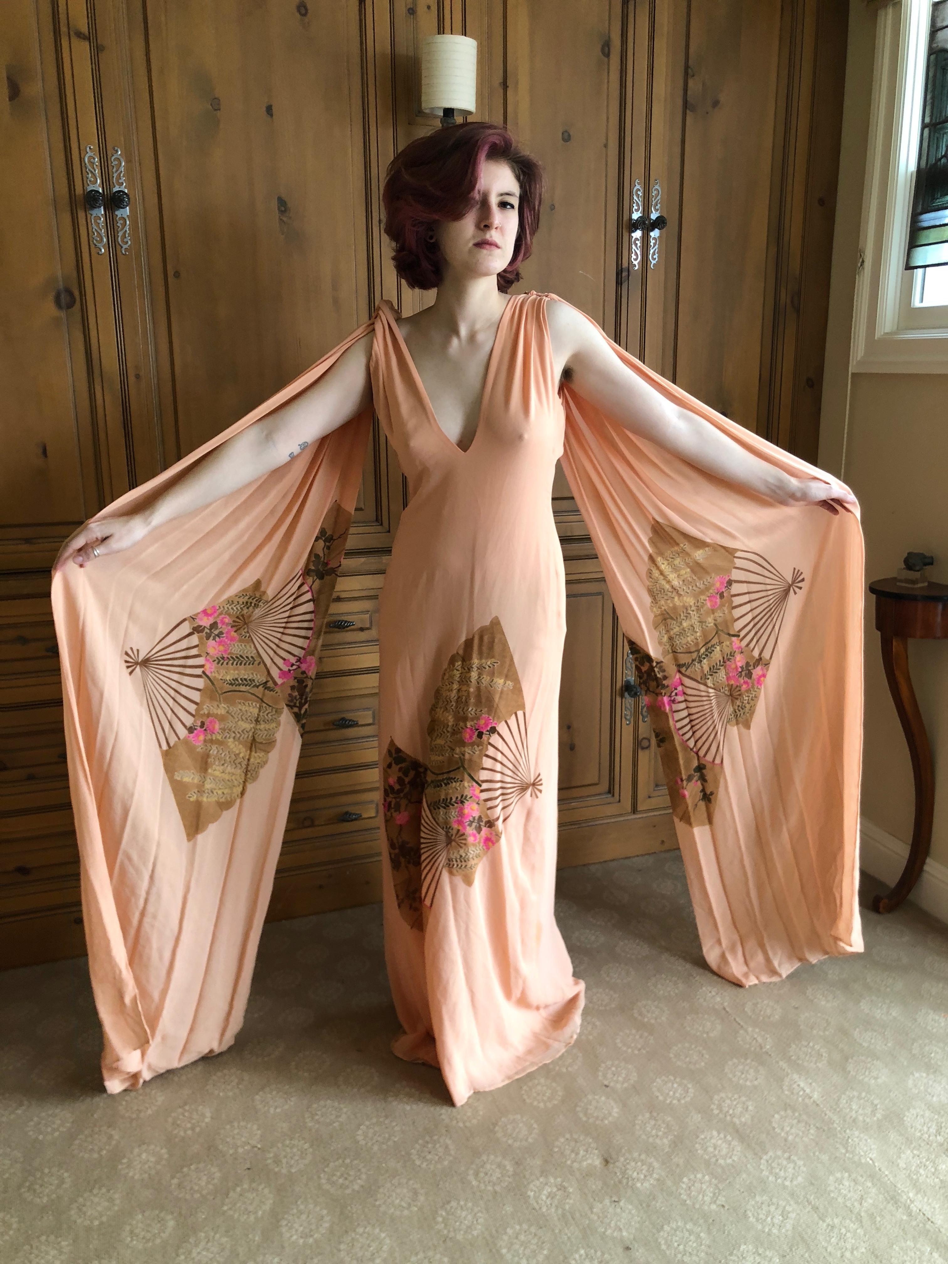Cardinali Butterfly Pattern Evening Dress with Dramatic Draped Shoulder Capes  In Good Condition For Sale In Cloverdale, CA
