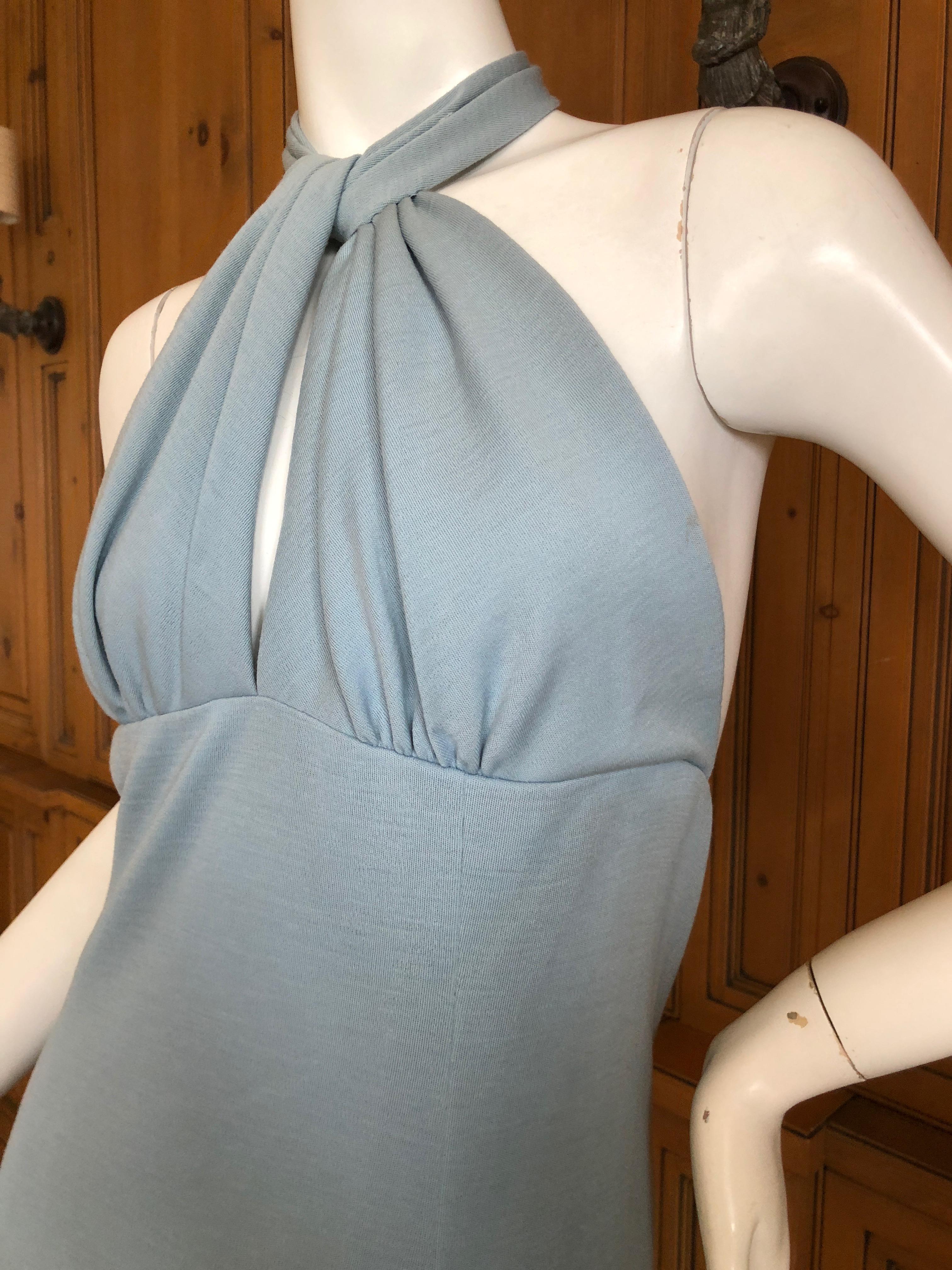 Cardinali Blue Crepe Jersey Keyhole Halter Evening Dress  Fall 1973
From the Archive of Marilyn Lewis, the creator of Cardinali
Cardinali was founded in Los Angeles in 1970, by Marilyn Lewis, who had already found success as the founder and owner of