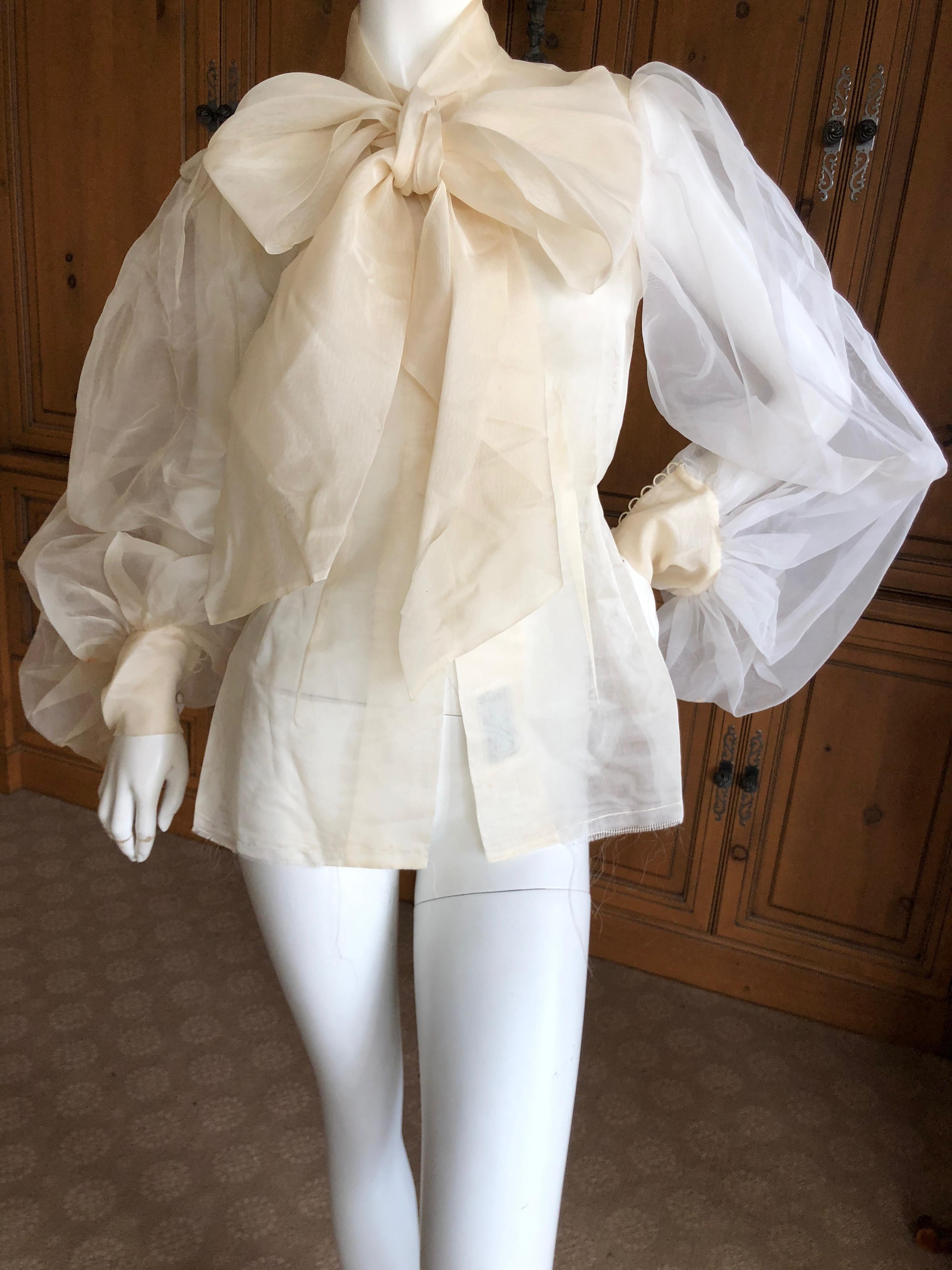 Cardinali Sheer Ivory Silk Blouse with Dramatic Sleeves and Bow  Fall 1971  In Good Condition In Cloverdale, CA