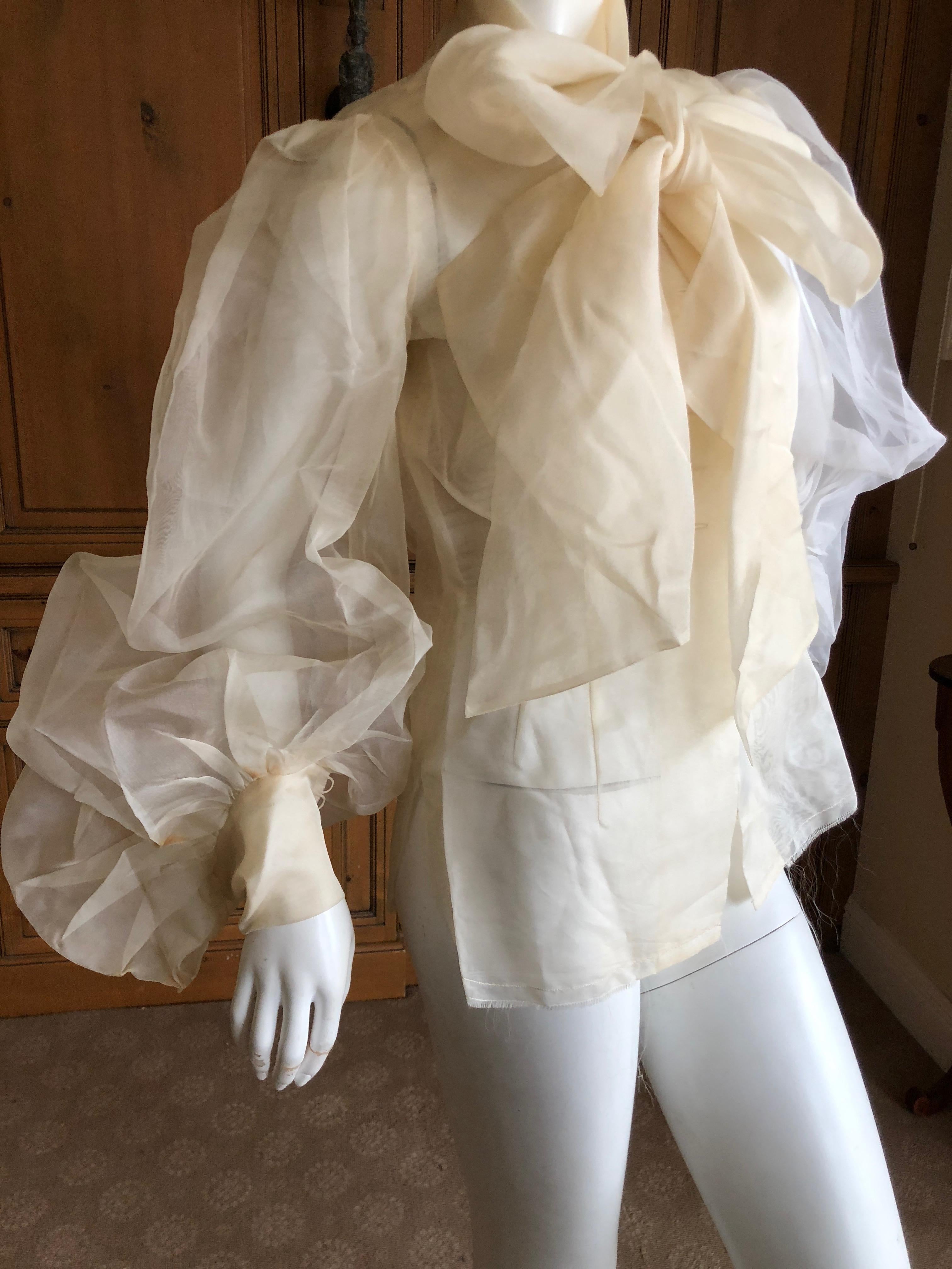 Women's or Men's Cardinali Sheer Ivory Silk Blouse with Dramatic Sleeves and Bow  Fall 1971 