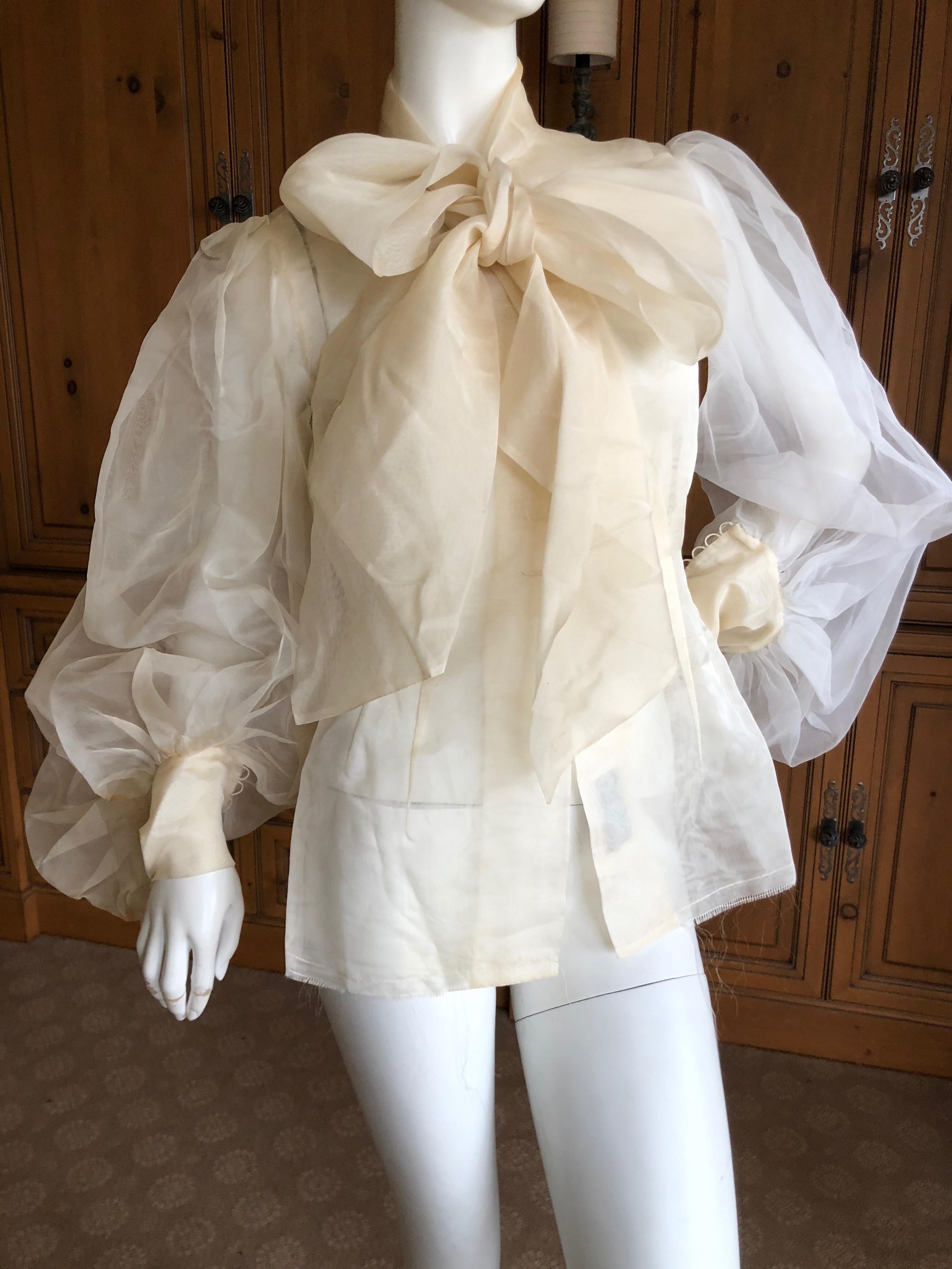 Cardinali Sheer Ivory Silk Blouse with Dramatic Sleeves and Bow  Fall 1971  1