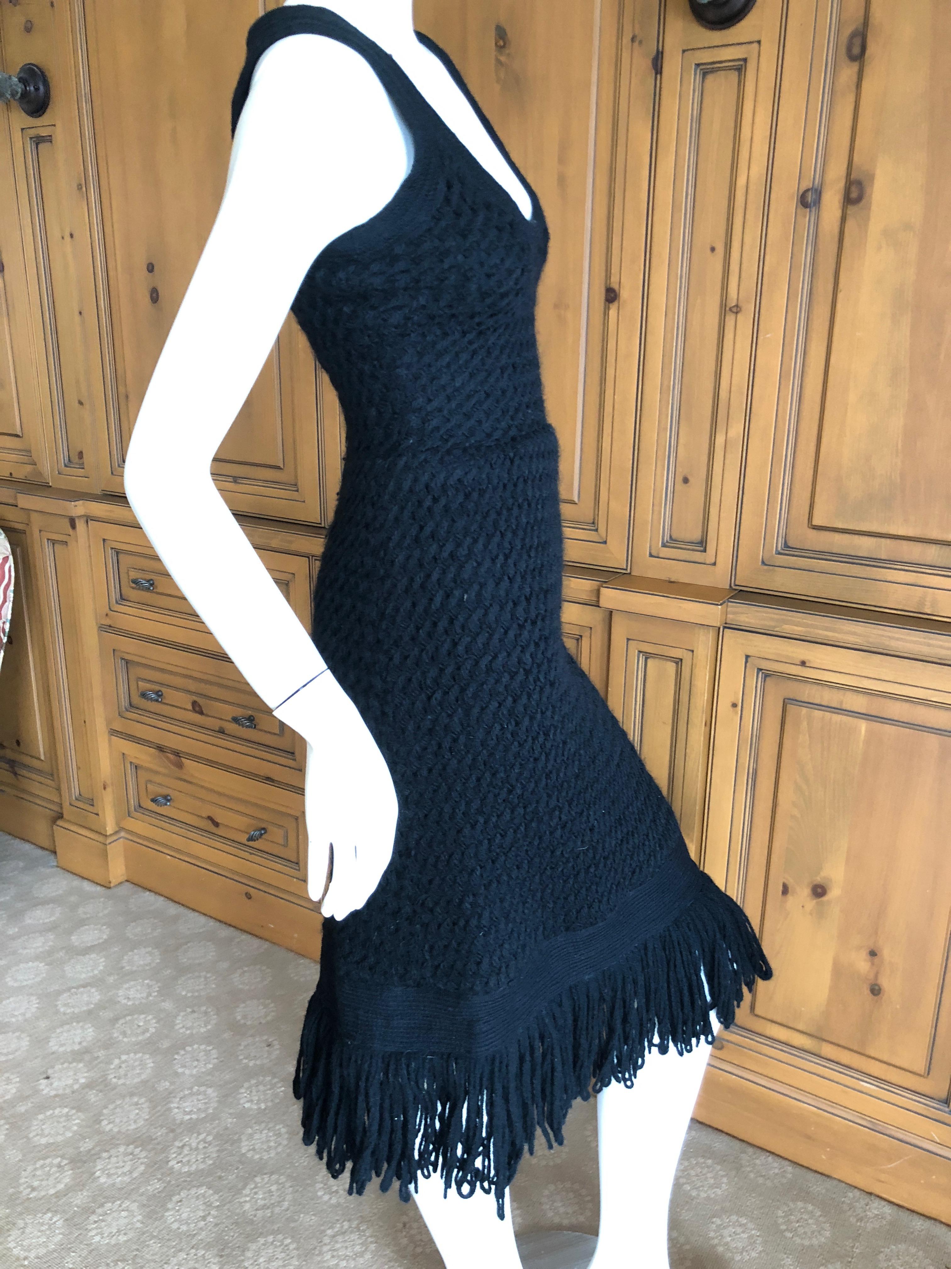 Cardinali Black Silk Lined Crochet Dress with Matching Fringed Shawl Fall 1971  In Good Condition For Sale In Cloverdale, CA
