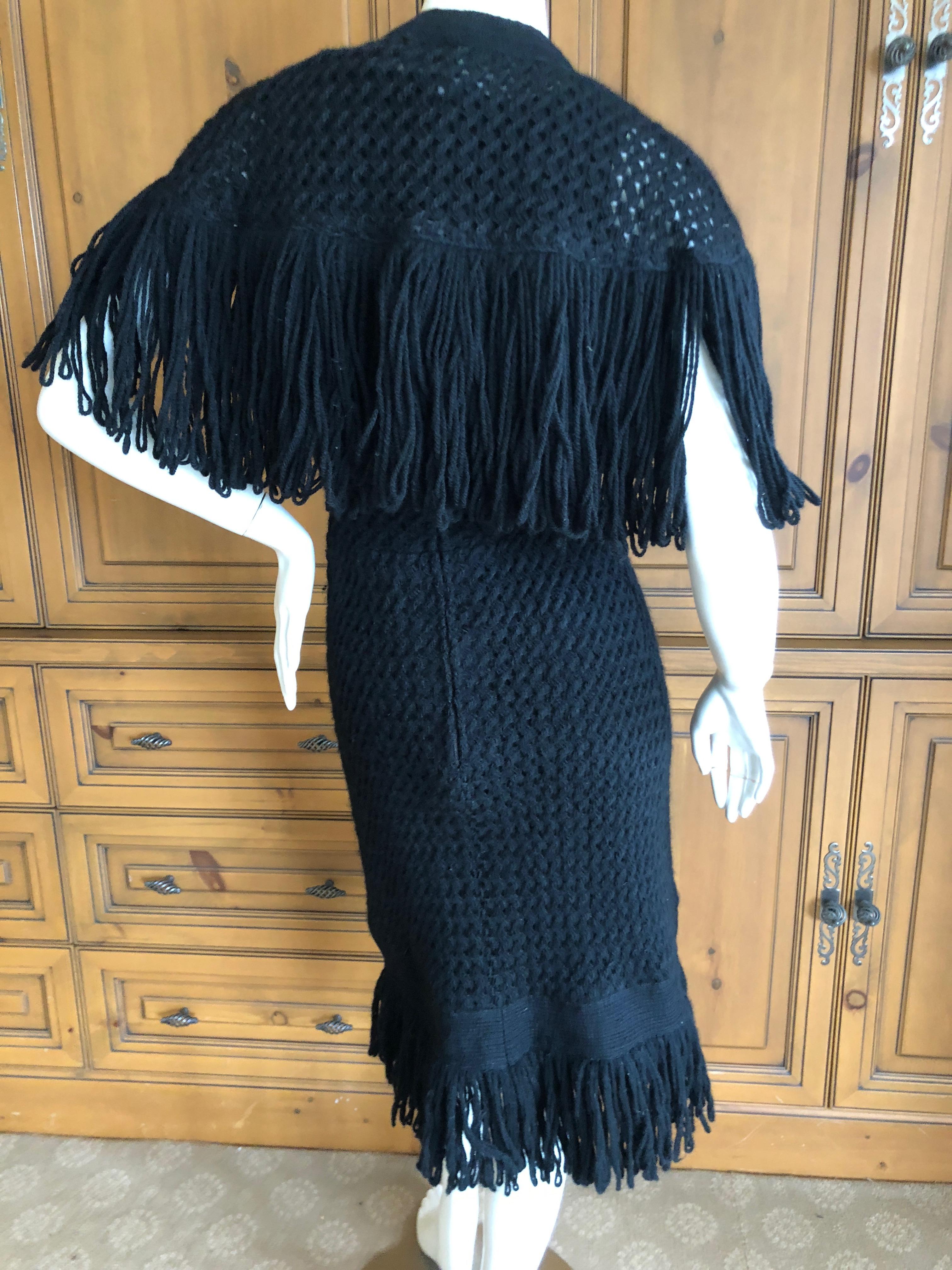 Women's Cardinali Black Silk Lined Crochet Dress with Matching Fringed Shawl Fall 1971  For Sale