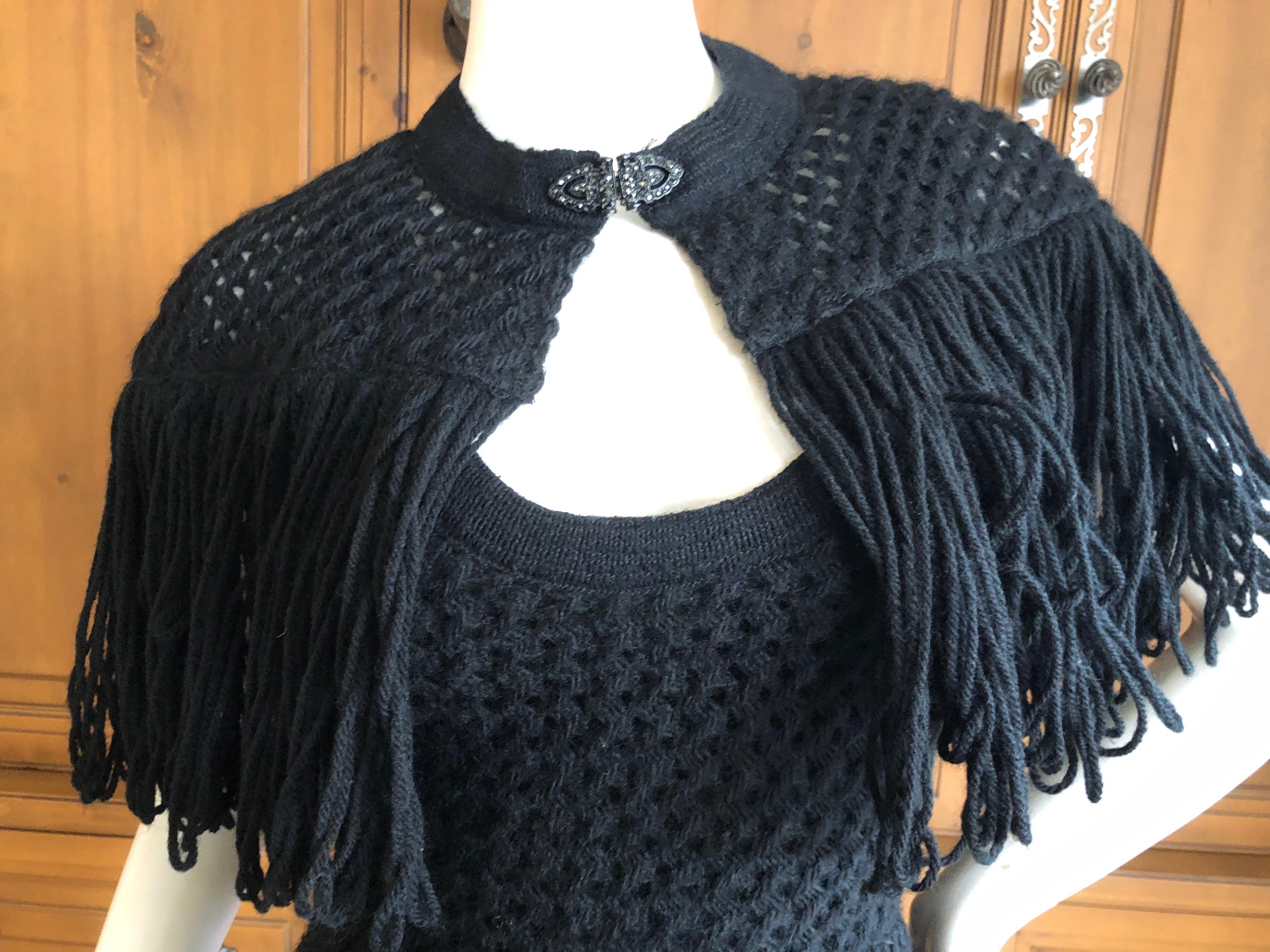 Cardinali Black Silk Lined Crochet Dress with Matching Fringed Shawl Fall 1971  For Sale 2