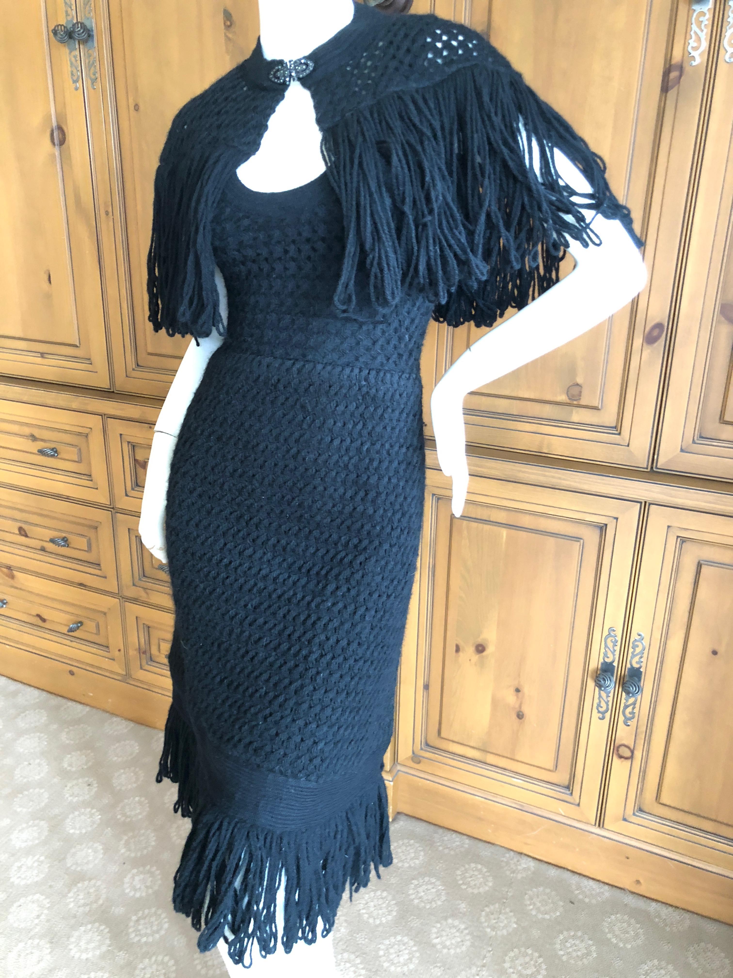 Cardinali Black Silk Lined Crochet Dress with Matching Fringed Shawl Fall 1971  For Sale 3