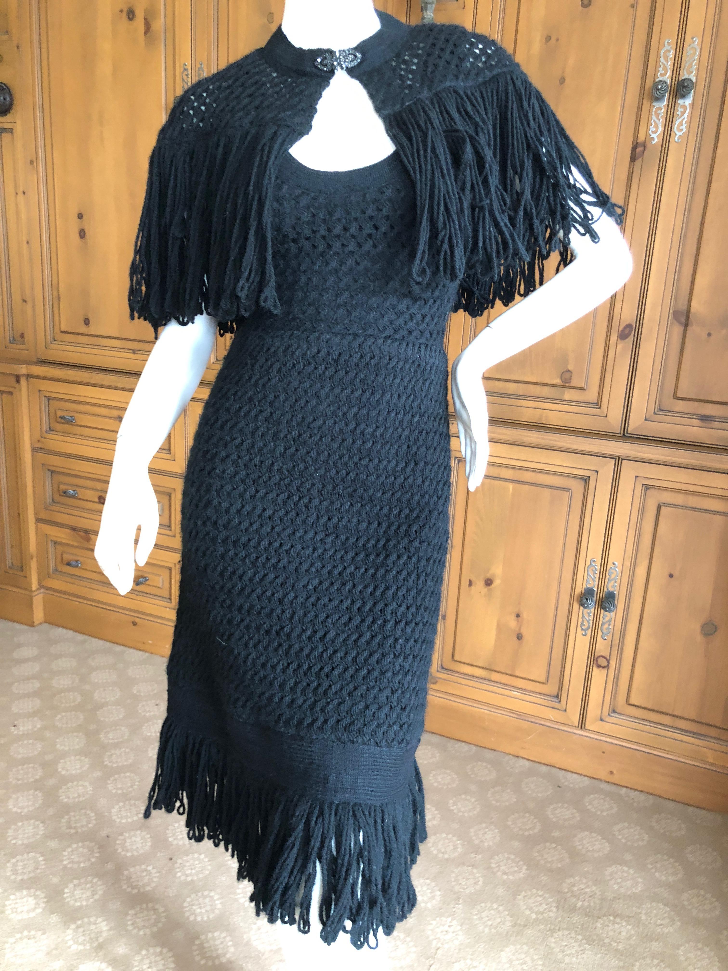 Cardinali Black Silk Lined Crochet Dress with Matching Fringed Shawl Fall 1971  For Sale 4