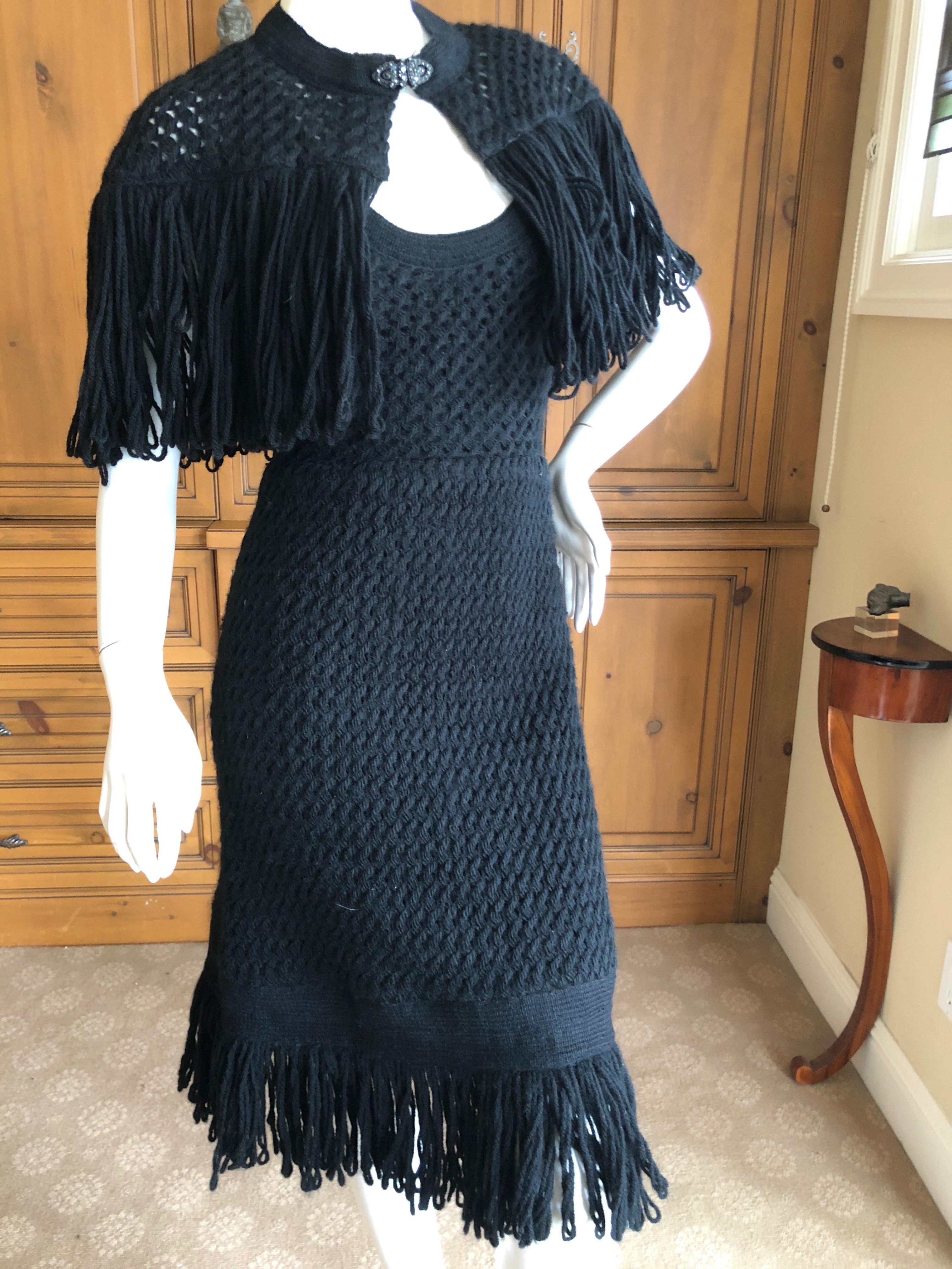 Cardinali Black Silk Lined Crochet Dress with Matching Fringed Shawl Fall 1971  For Sale 5