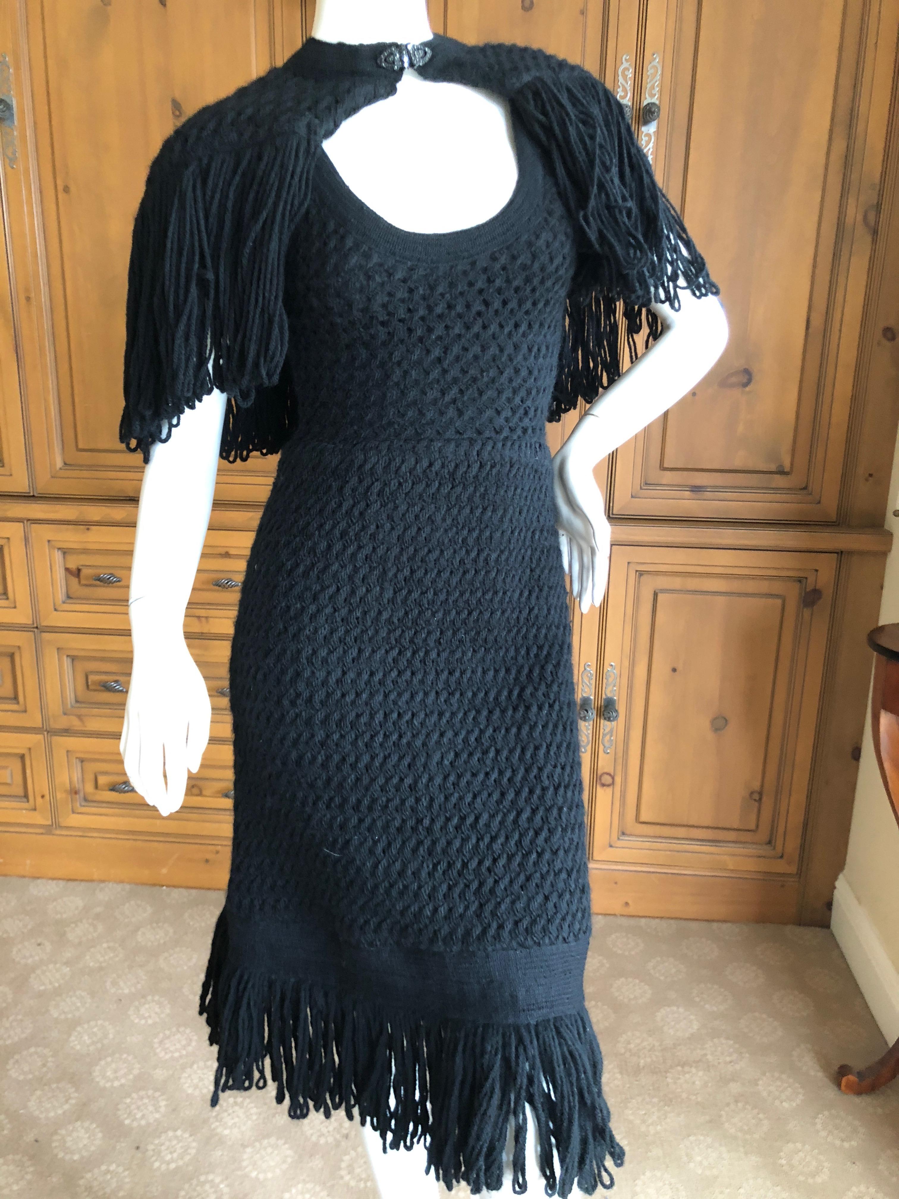 Cardinali Black Silk Lined Crochet Dress with Matching Fringed Shawl Fall 1971  For Sale 7